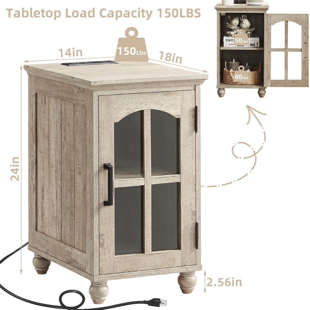 Narrow Side Table,Farmhouse Nightstand with Charging Station,Wood End Table with Glass Barn Door Storage, Cabinet Organizer with Adjustable Shelf, Night Stand for Small Spaces for Living Room Bedroom