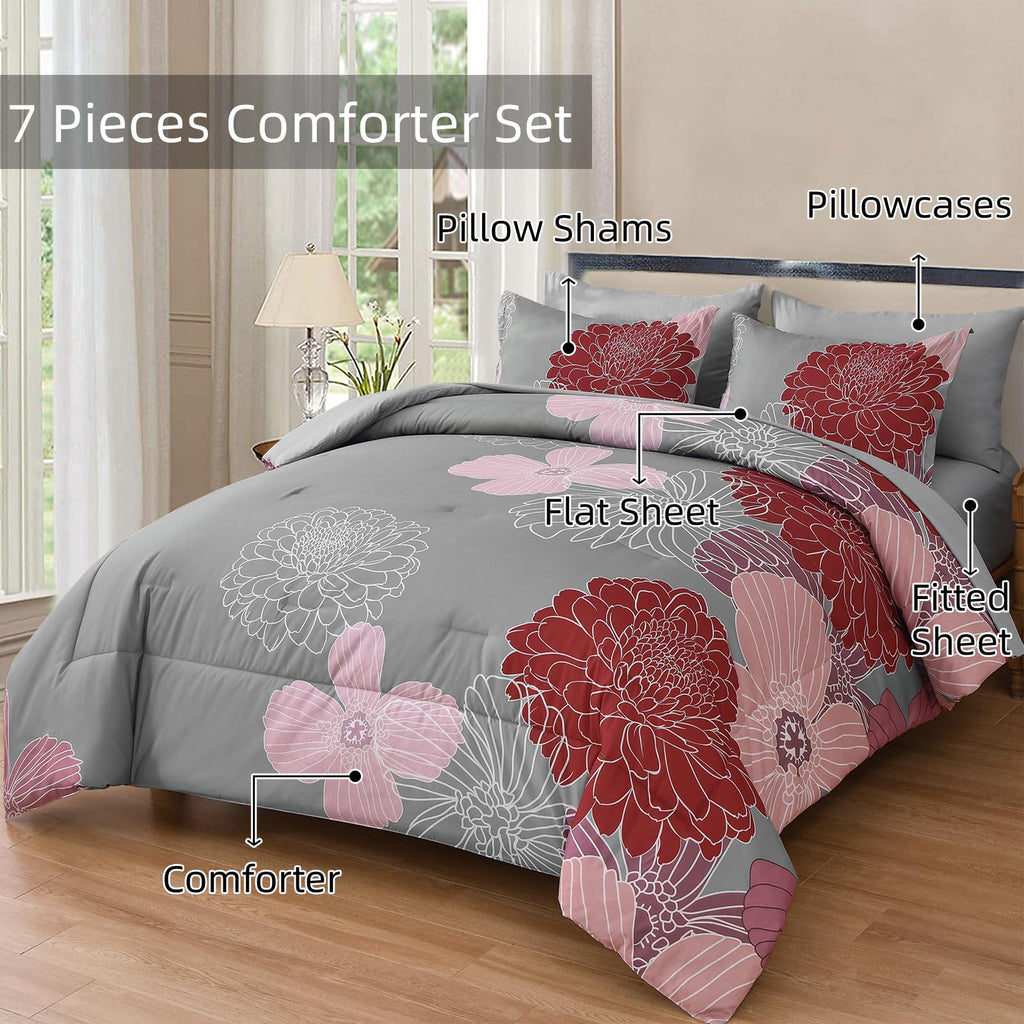 Yiran 7 Pieces Bed in a Bag Blue Floral Comforter Set Queen Size Flowers Comforter Set Soft Microfiber Bedding Set (1 Comforter 1 Flat Sheet 1 Fitted Sheet 2 Pillowshams 2 Pillowcases)