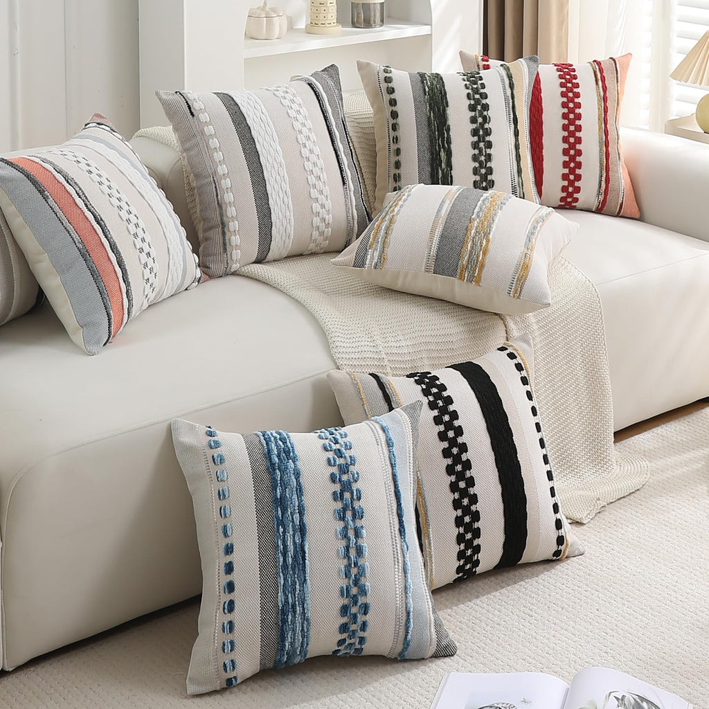 Boho Pillow Covers 18x18 Set of 2 for Couch-Modern Farmhouse Sofa Decorative Throw Pillow Covers Textured Chenille Cushion Covers Outdoor Netural Bohemian Pillow Cases Square
