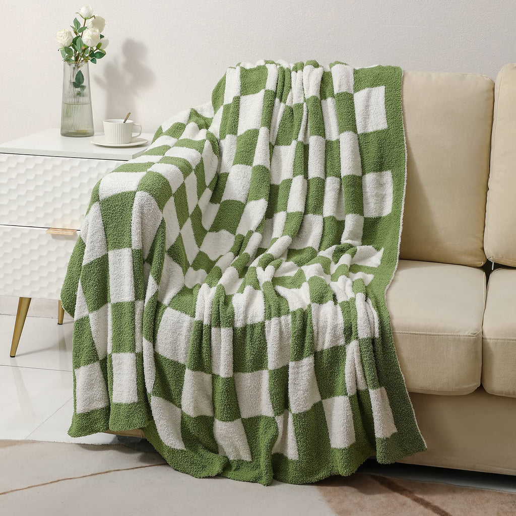 bearberry Fuzzy Checkerboard Grid Throw Blanket Soft Cozy Warm Microfiber All Season Blanket Decor for Couch Sofa Bed Travel Home (Avocado Green, 50''x60'')