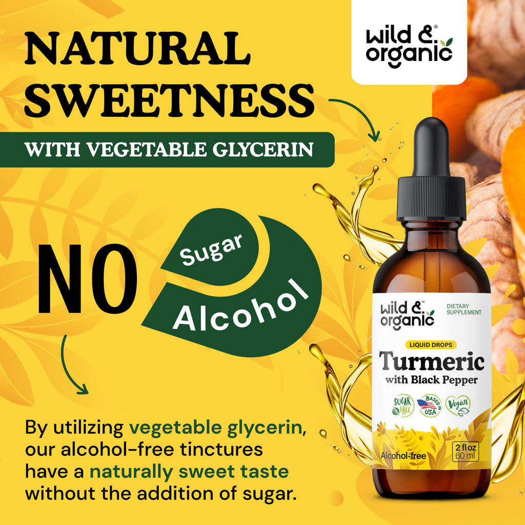 Wild & Organic Turmeric Curcumin Supplement with Black Pepper - Movement & Immune Support - Liquid Turmeric Curcumin with Black Pepper - Add to Tea Drops - Vegan, Sugar & Alcohol-Free Tincture - 2 oz