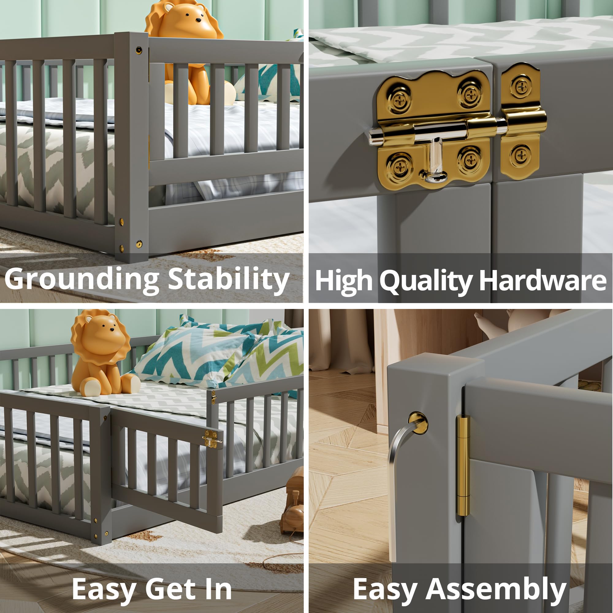 i-POOK Queen Floor Bed for Children, Sturdy Wood Montessori Bed Frame with Wood Slats, High Fence & Small Door for Girls and Boys, Espresso (with Bed Slats)