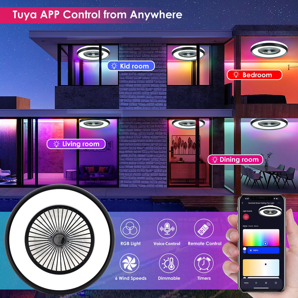 24" Bladeless Ceiling Fan with Light Remote, Smart LED Ceiling Fans with App Control, Modern Low Profile Dimmable Light Ceiling Fan for Bedroom Living Room Gold