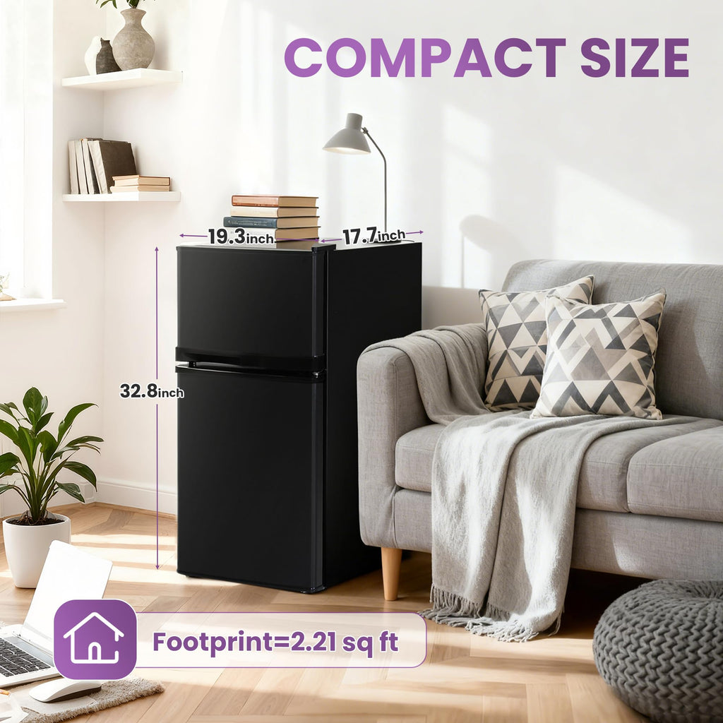 Tehanld 3.6 Cu.Ft Double Door Mini Fridge with Freezer, Compact Refrigerator with Removable Shelves, Low Noise Small Fridge for Dorm, Bedroom, Office and Apartment, Black