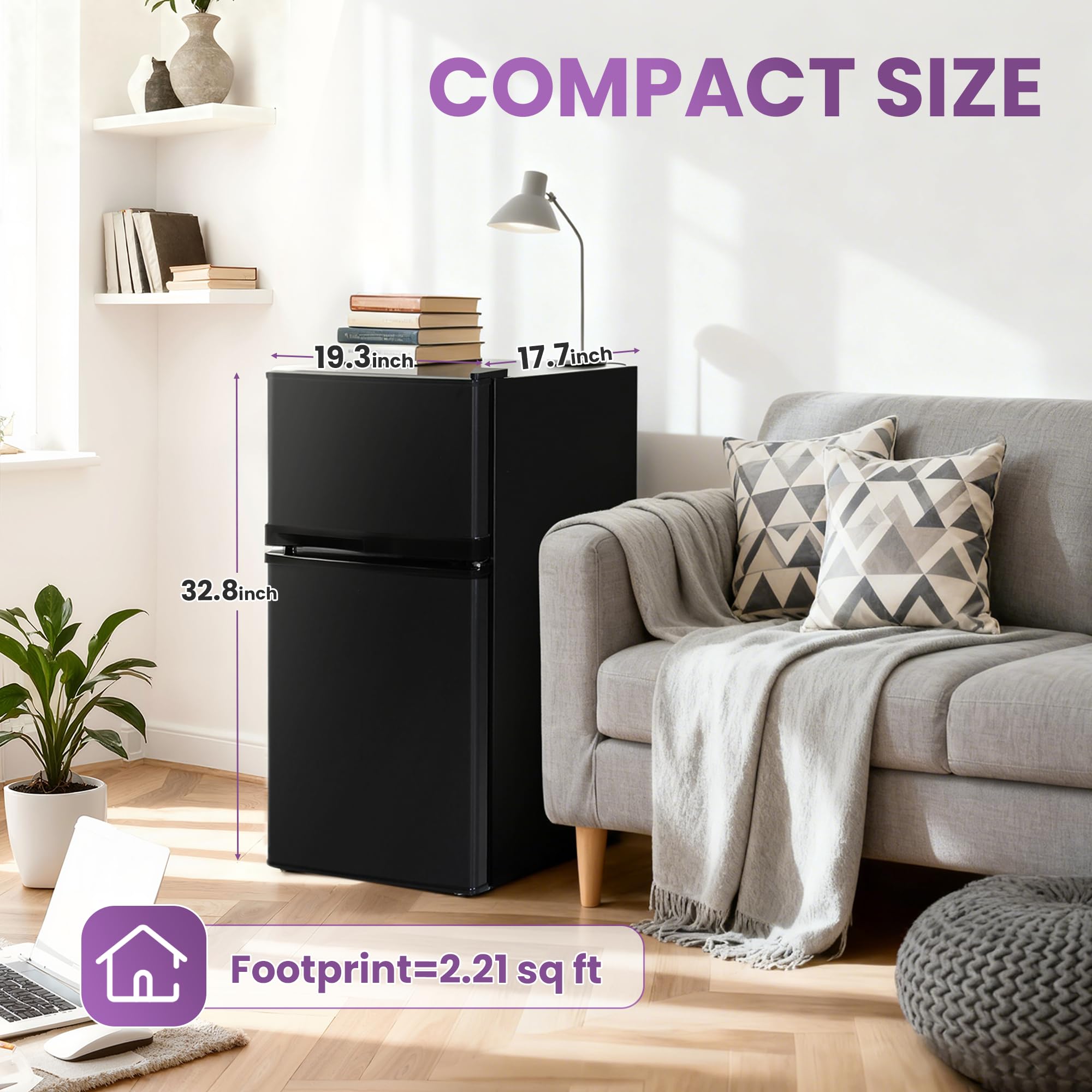 Tehanld 3.6 Cu.Ft Double Door Mini Fridge with Freezer, Compact Refrigerator with Removable Shelves, Low Noise Small Fridge for Dorm, Bedroom, Office and Apartment, Black