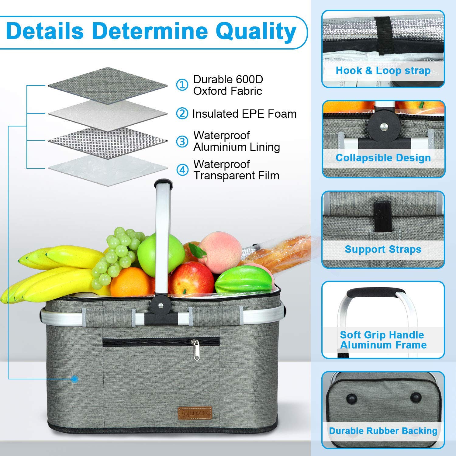 LIQING 35L Large Picnic Basket 2 Layers of Internal Pockets Leak-Proof and Insulated ，Folding with Internal Support for enhansed Stability, Wedding Gifts for Couple(Black)