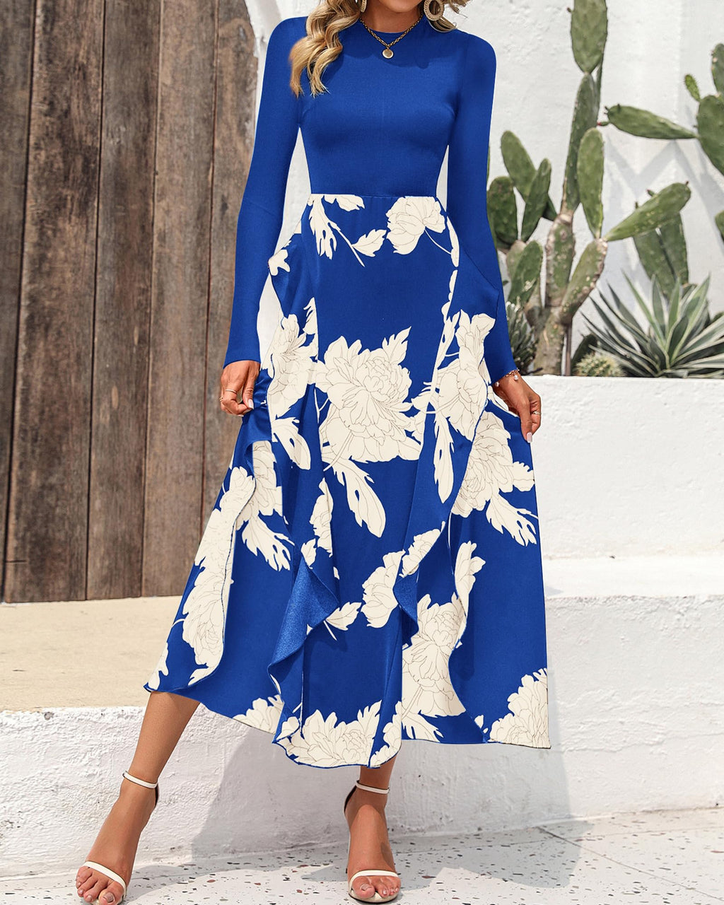 BTFBM Womens Floral Maxi Dress Fall 2025 Casual Crewneck Long Sleeve Ruffle Flowy Cocktail Wedding Guest Dresses