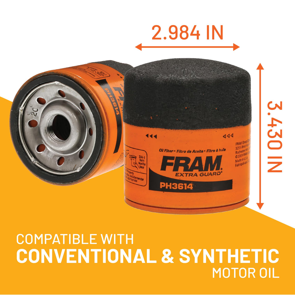 FRAM EG+ PH3614P 10K Mile Change Automotive Replacement Interval Spin-On Engine Oil Filter for Select Vehicle Model Years, Vehicle Engine Protection Oil Filter for Everyday Drivers