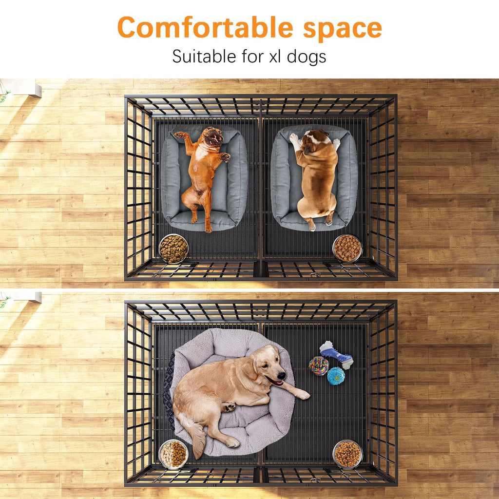 Dosker 42 inch Heavy Duty Metal Dog Crate with Divider for 2 Dogs/Large Dog, All Metal Open Top Escape Proof Cage, Indoor Dog Kennel with Wheels, Floor Grid, Tray, Feeding Bowl