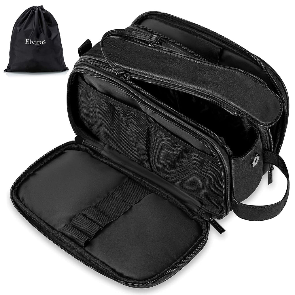 Elviros Travel Toiletry Bag for Men, Shaving Dopp Kit Water-resistant Bathroom Small Toiletries Organizer PU Leather Cosmetic Bags