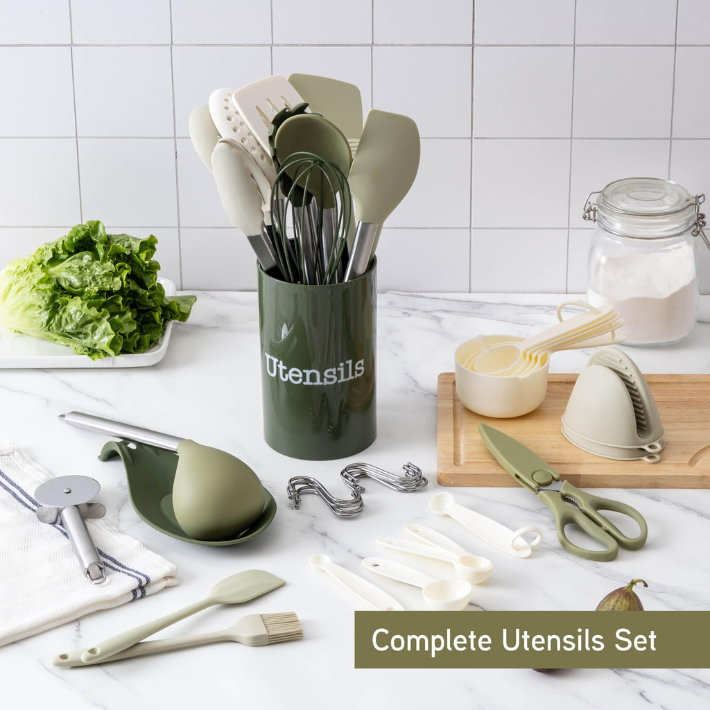 COOK WITH COLOR Silicone Cooking Utensils, Kitchen Utensil Set, Easy to Clean Silicone Kitchen Utensils, Cooking Utensils for Nonstick Cookware, Kitchen Gadgets Set with Holder, 10 Pieces
