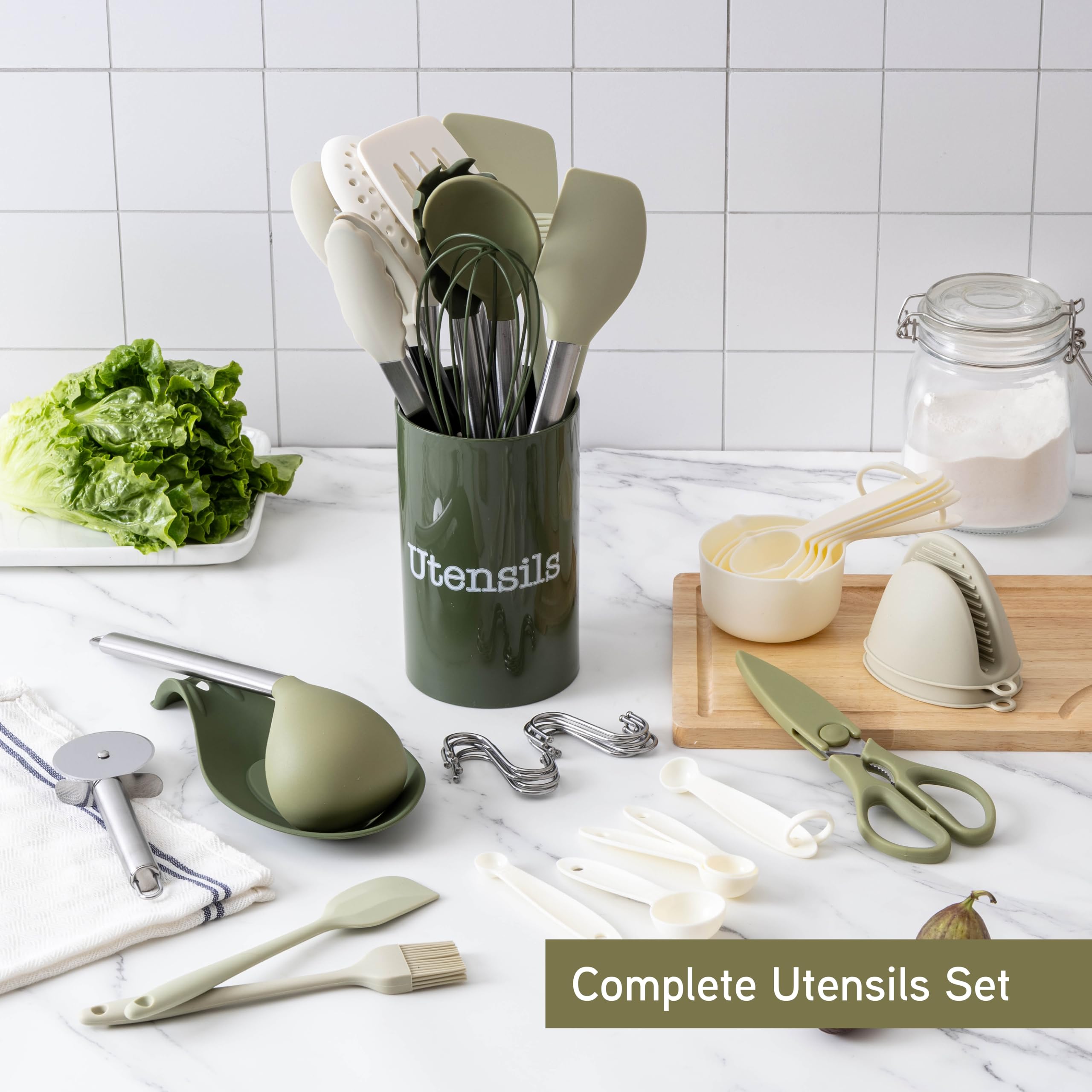 COOK WITH COLOR Silicone Cooking Utensils, Kitchen Utensil Set, Easy to Clean Silicone Kitchen Utensils, Cooking Utensils for Nonstick Cookware, Kitchen Gadgets Set with Holder, 10 Pieces