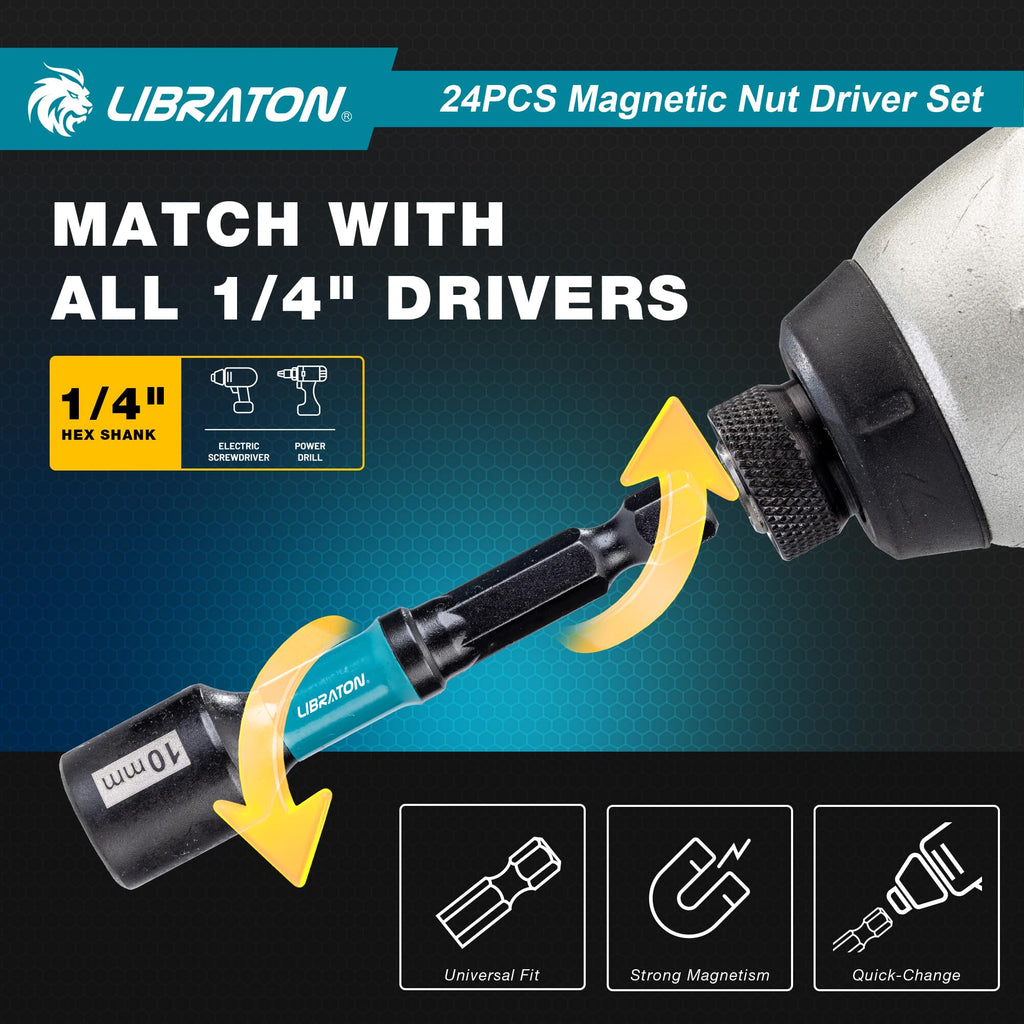 LIBRATON 24PCS Magnetic Nut Driver Set, Impact Drill Driver Bit Set 1/4", Metric and SAE Nut Drivers for Impact Drill, Impact Socket Adapters, Screwdriver Bits, Bit Holder, with Black Phosphating