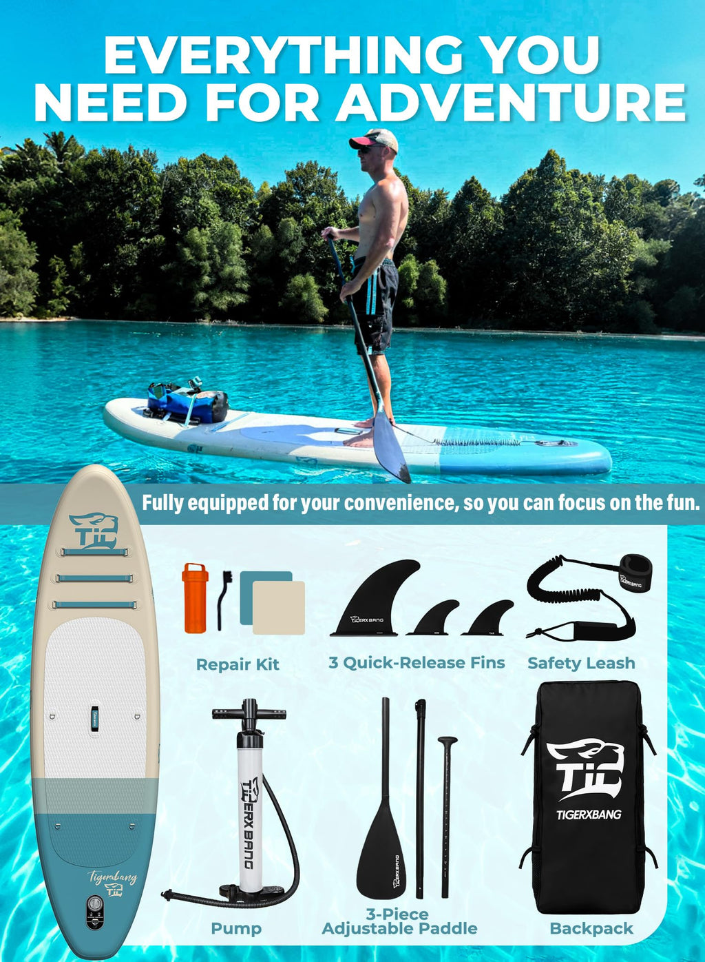 TIGERXBANG 11'6"/11'/10' Inflatable Paddle Board with Complete Accessories, Versatile Premium Paddle Boards for Adults/Youth, Stand Up Paddle Board Polar/Wave/Sunny Wave Collection