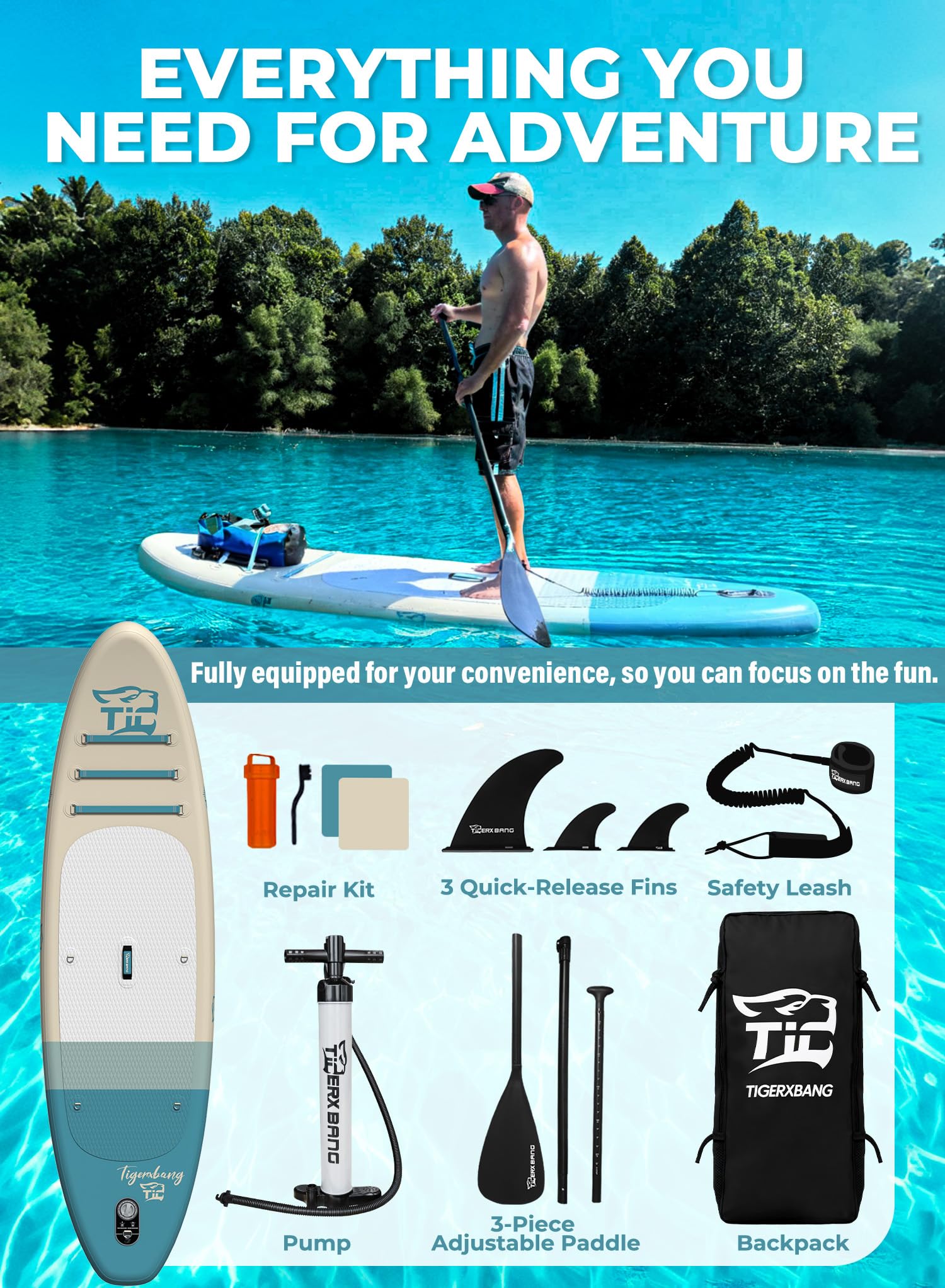 TIGERXBANG 11'6"/11'/10' Inflatable Paddle Board with Complete Accessories, Versatile Premium Paddle Boards for Adults/Youth, Stand Up Paddle Board Polar/Wave/Sunny Wave Collection