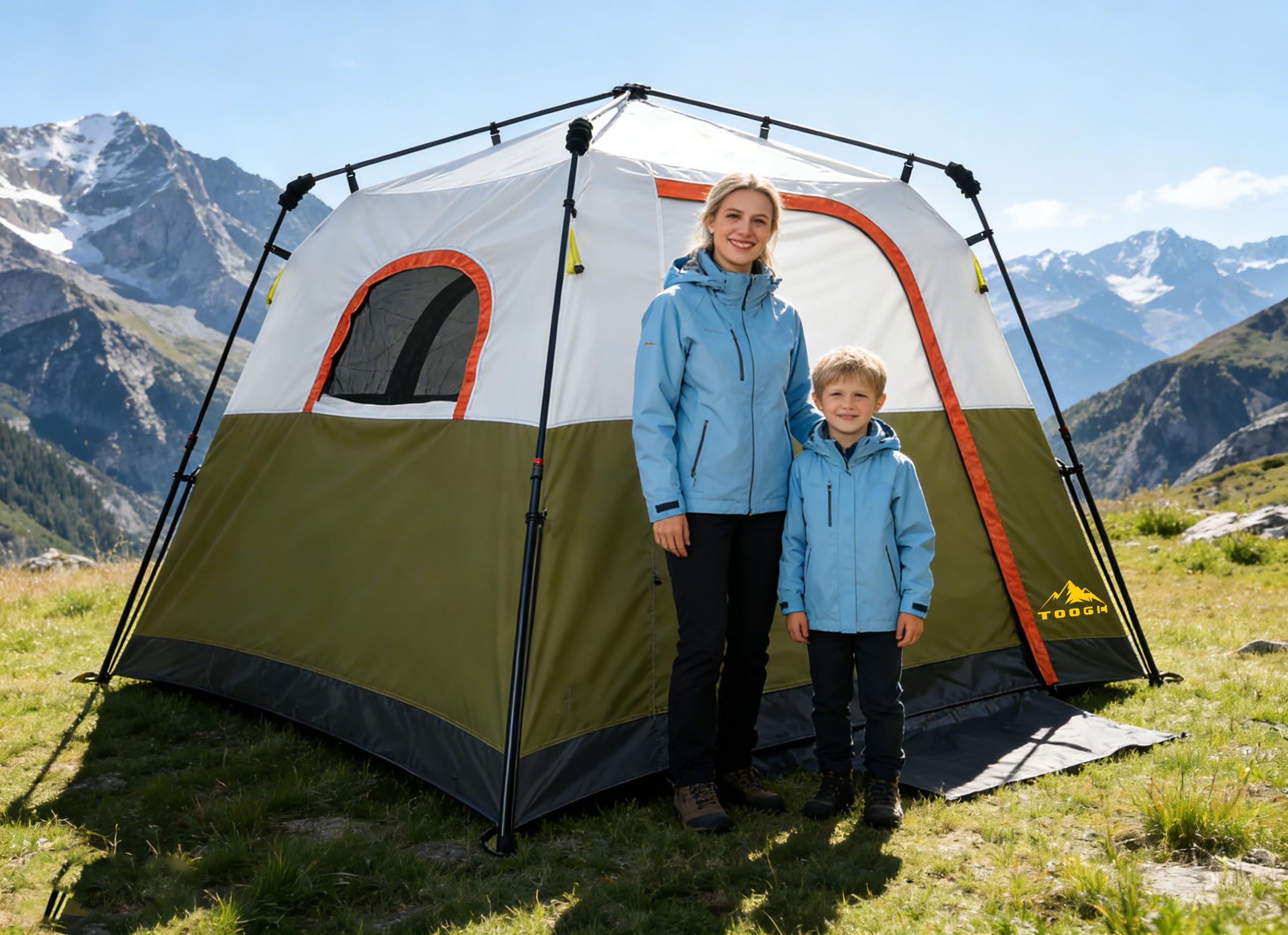 3/4 Person Camping Tent with 1 Door, 4 Windows, and Upgraded Ventilation– Instant Setup, Waterproof, 8'x 8'x 67''Oxford Fabric Floor Pop Up in 60 Seconds Includes Rainfly and Backpack