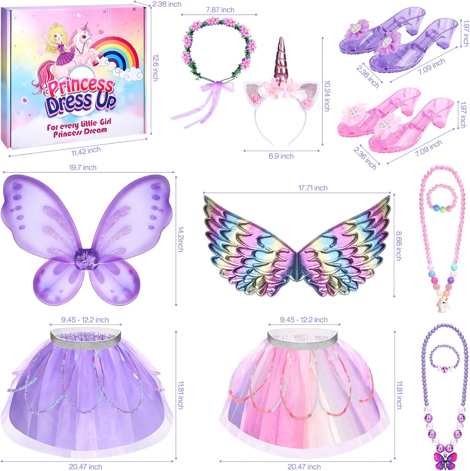 Princess Dress Up for Girls 3-6, Toddler Dress Up Clothes, Unicorn & Flower Hairbands, Princess Shoes Toy, Tutu, Wings, Jewelry, Pretend Play Toddler Girl Toys for Halloween Christmas Birthday Gifts