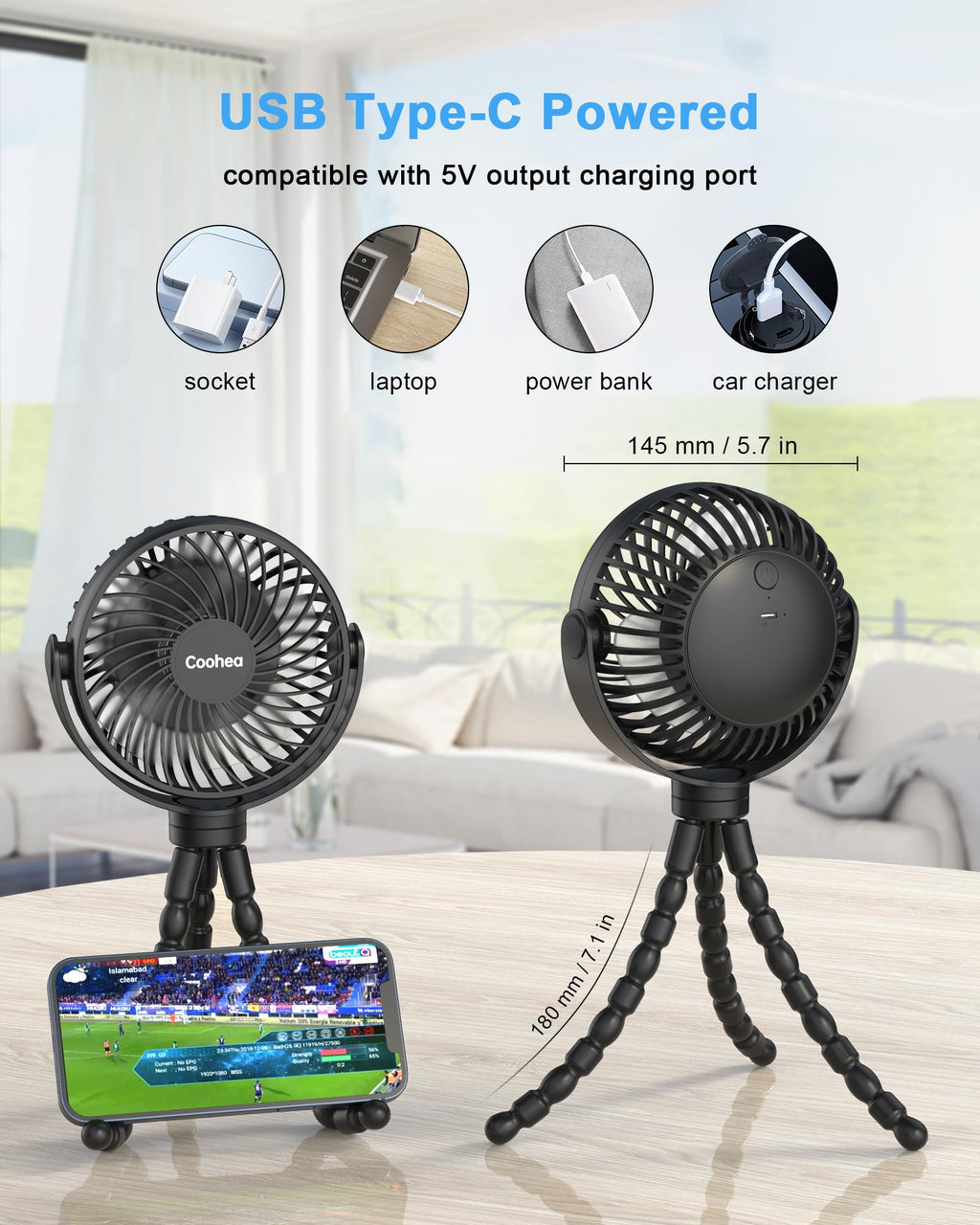 Coohea Stroller Fan Clip on for Baby, 4000mAh Rechargeable Battery Operated, Flexible Tripod, 3 Wind Speed, 360° Rotatable, Small Cooling Portable Fan for Car Seat Crib Golf Cart Bike Treadmill, Black