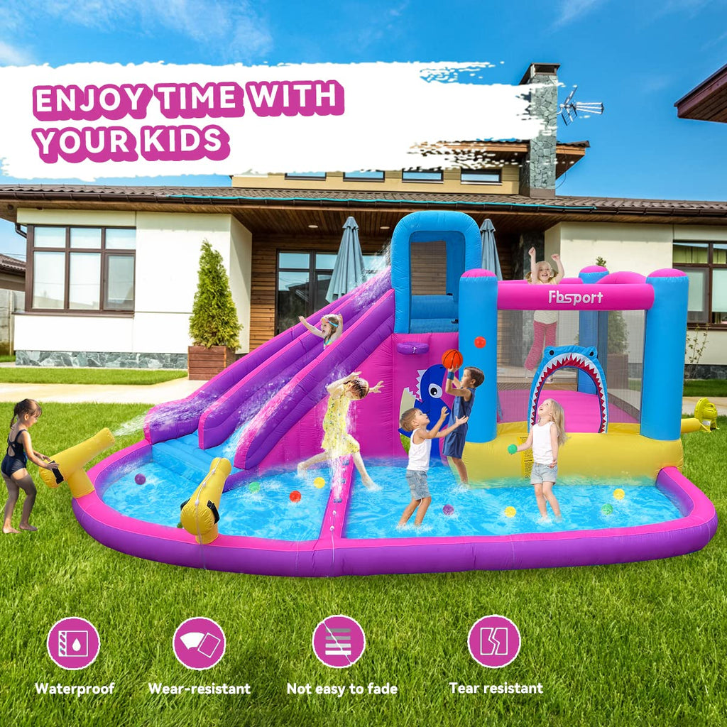 FBSPORT Inflatable Bounce House Double Slide,Water Slide Park Bounce House with Ball Pit,Water Cannon, Climbing Wall, Kids Bouncy Castle with 550W Air Blower for Backyard, Outdoor, Indoor