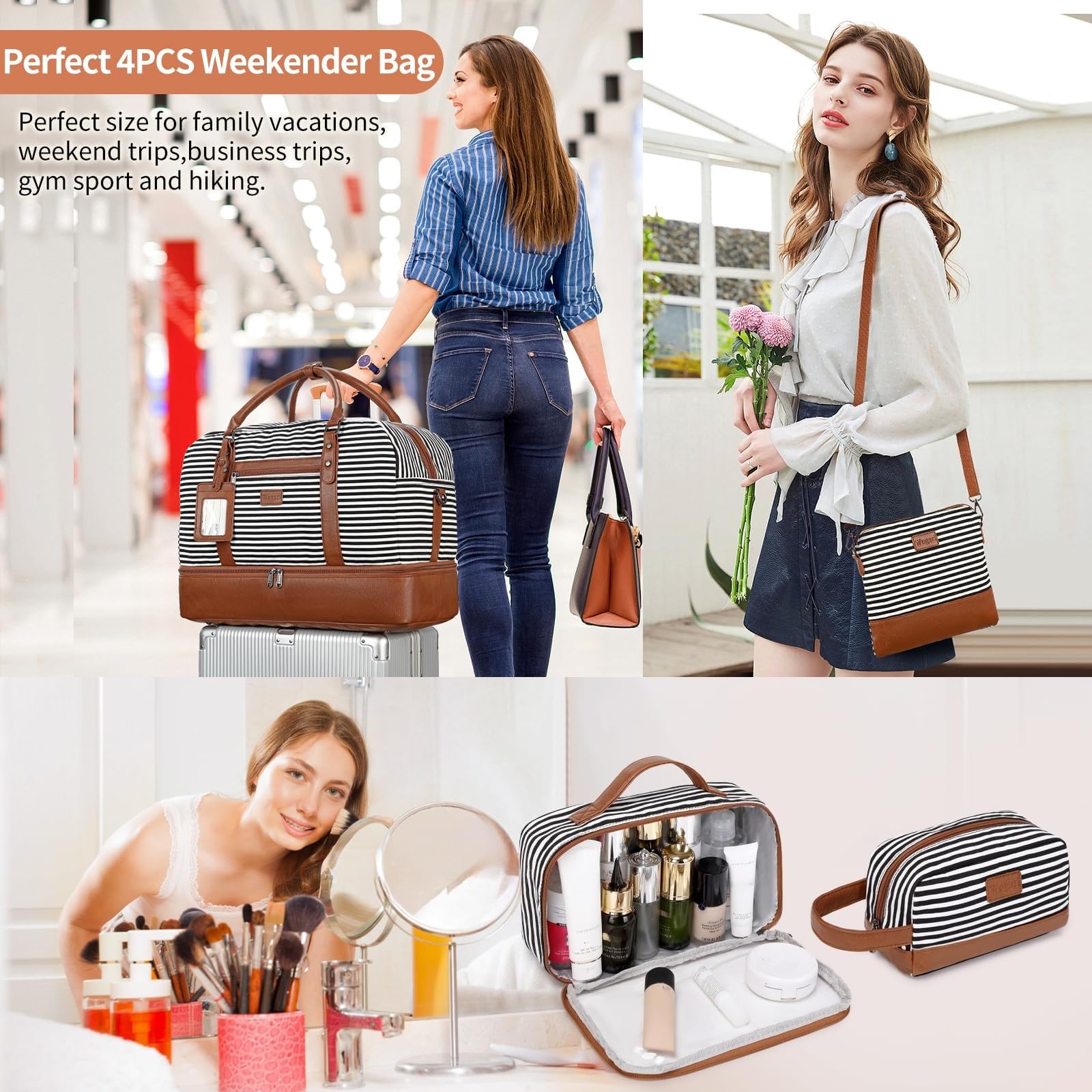 Wogarl 4PCS Weekender Bags for Women Large Overnight Weekend Travel Duffel Carry on Shoulder with Shoe Compartment Canvas Toiletry Bag for Travel Business Gym