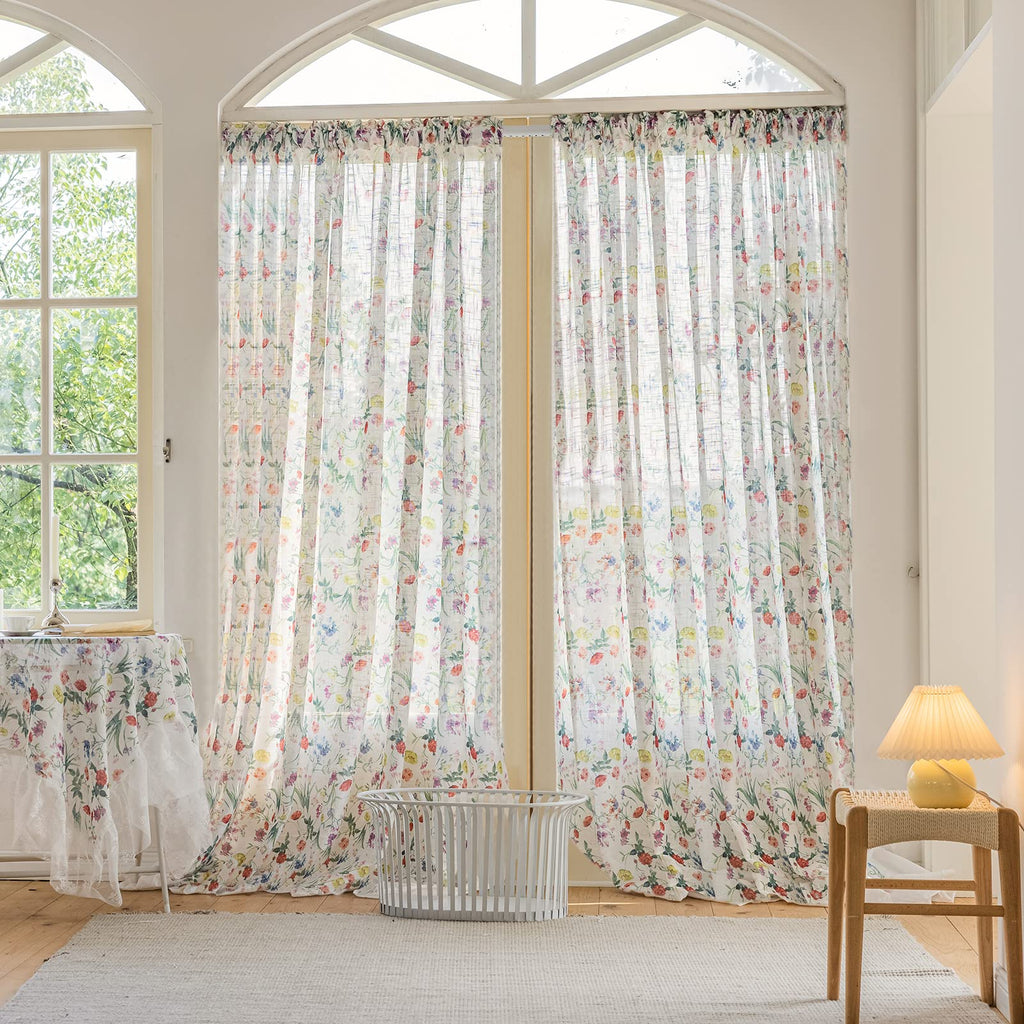 SUOUO Blue Leaf Semi Sheer White Curtains for Bedroom Dining Living Room Linen Textured 84 inches Long Rod Pocket Boho Window Drapes 2 Panels