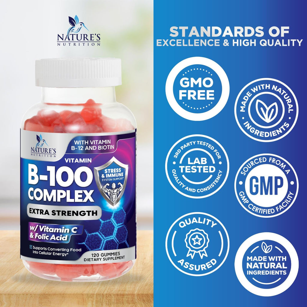 Vitamin B Complex Gummies - Extra Strength Super B Vitamin Gummy with Vitamin C, Immune Support for Men & Women - Energy and Brain Support Supplements with Folic Acid, Niacin, B6, B12 - 60 Gummies