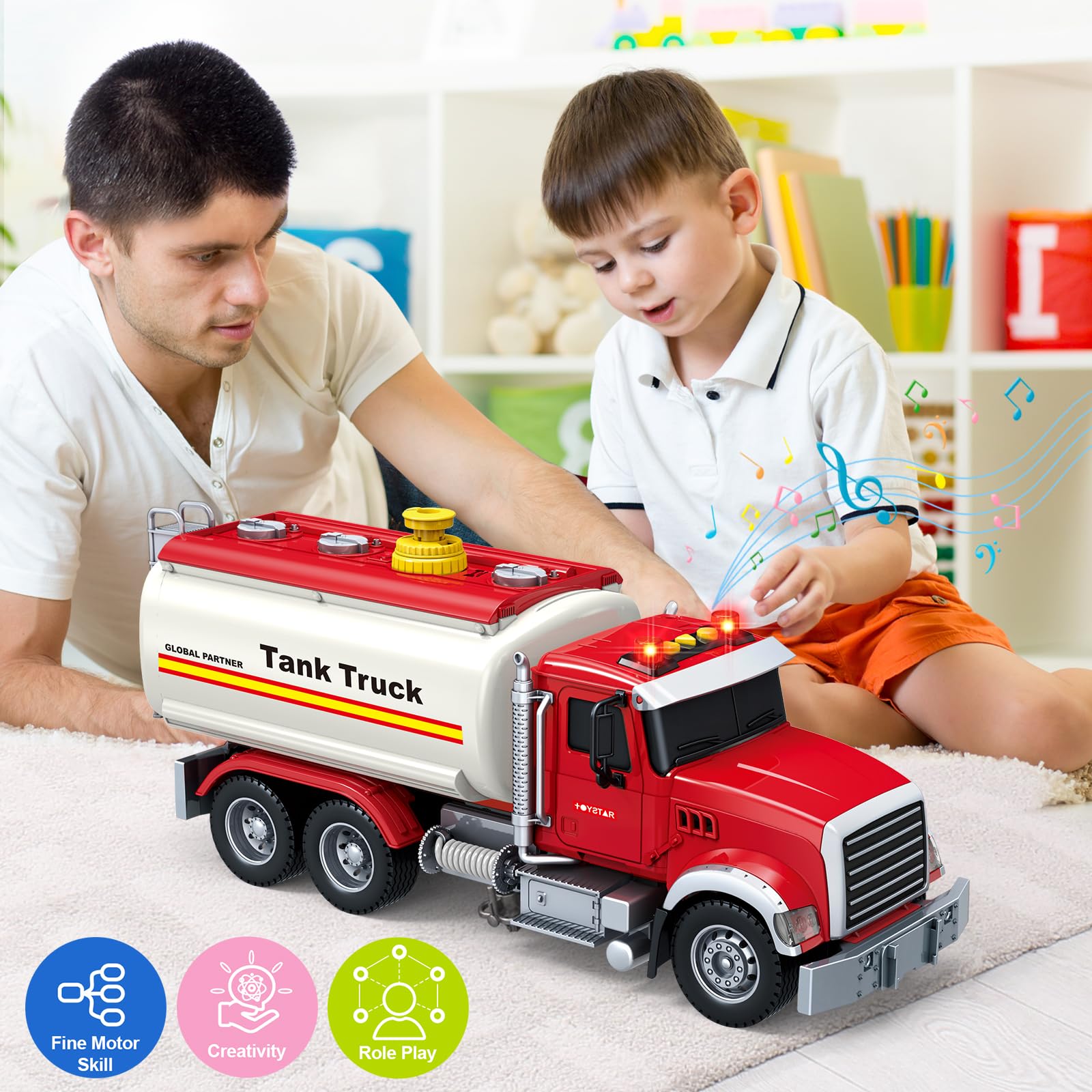 Bstoyder Kids Toys for 3 4 5 6 7 8 Years Old Boys, 15" Crane Truck Toy with Lights, Sounds, Toddler Friction Powered Truck Vehicle Toy for Boys Girls Birthday Gifts