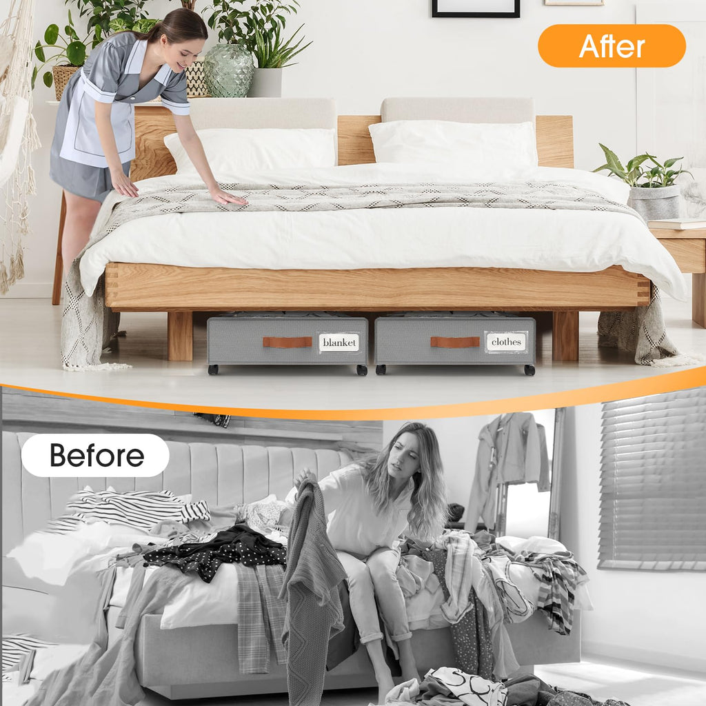 SpaceHacks Under Bed Storage with Wheels 1Pack Underbed Storage with Clear Window&Label Under Bed Drawers Large Capacity Rolling Under Bed Storage for Clothes,Shoes, Blankets (Beige)