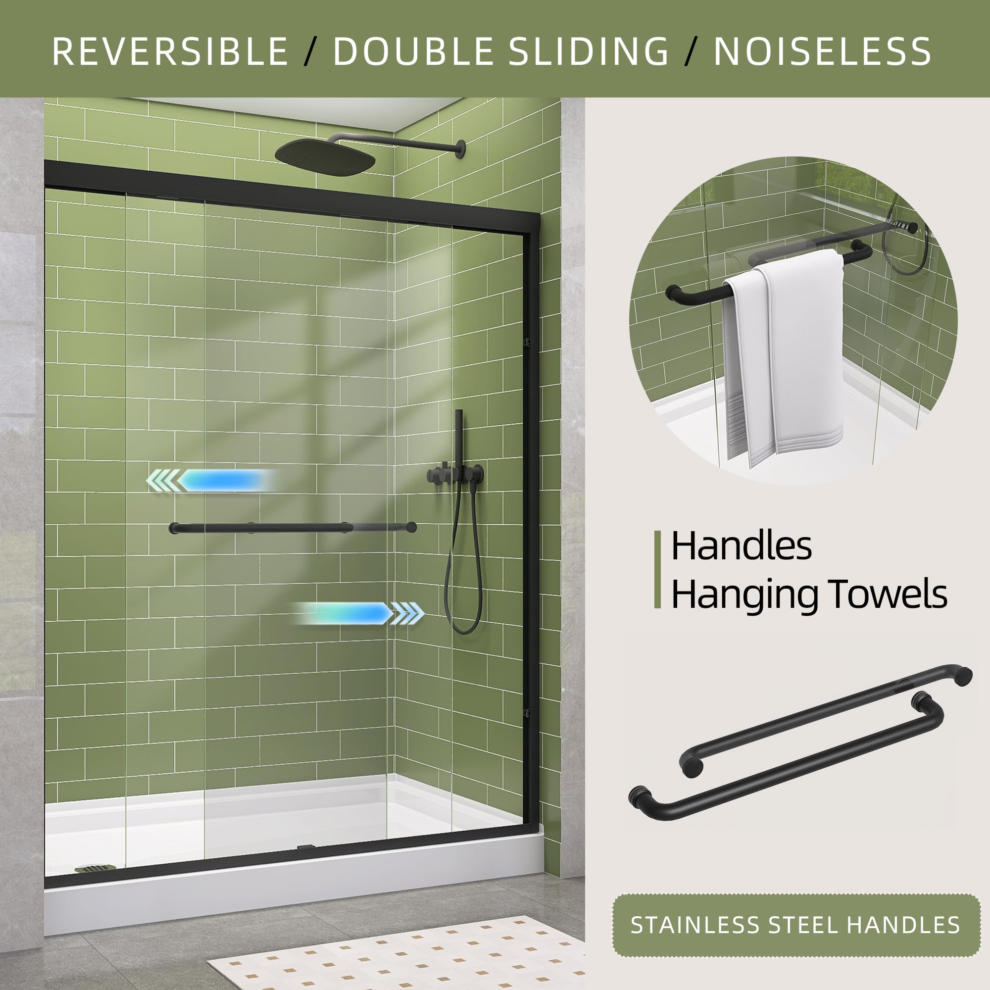 GETPRO Shower Door Sliding 44-48 in. W x 72 in. H Semi-Frameless Bypasss Double Sliding Doors for Shower,1/4 inch Clear Tempered Walk-in Shower Glass Door Brushed Nickel