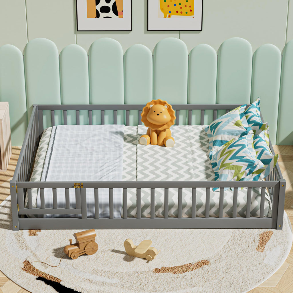 i-POOK Queen Floor Bed for Children, Sturdy Wood Montessori Bed Frame with Wood Slats, High Fence & Small Door for Girls and Boys, Espresso (with Bed Slats)