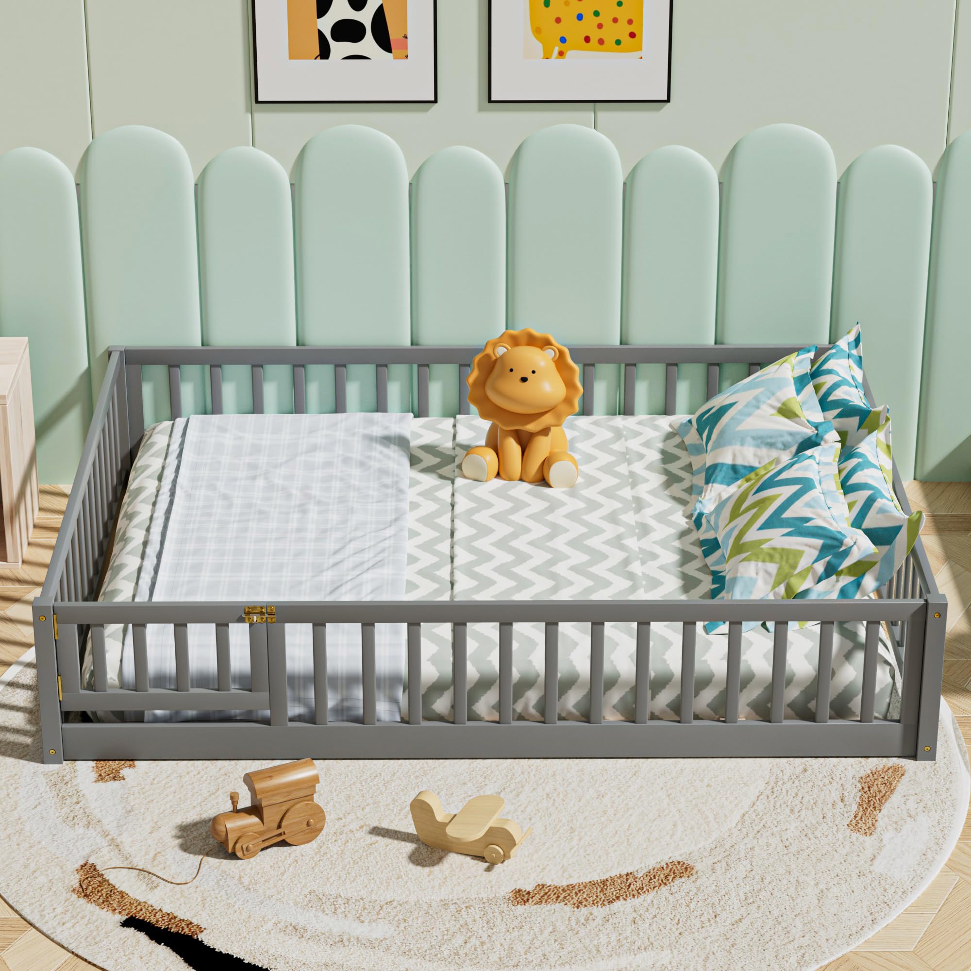 i-POOK Queen Floor Bed for Children, Sturdy Wood Montessori Bed Frame with Wood Slats, High Fence & Small Door for Girls and Boys, Espresso (with Bed Slats)