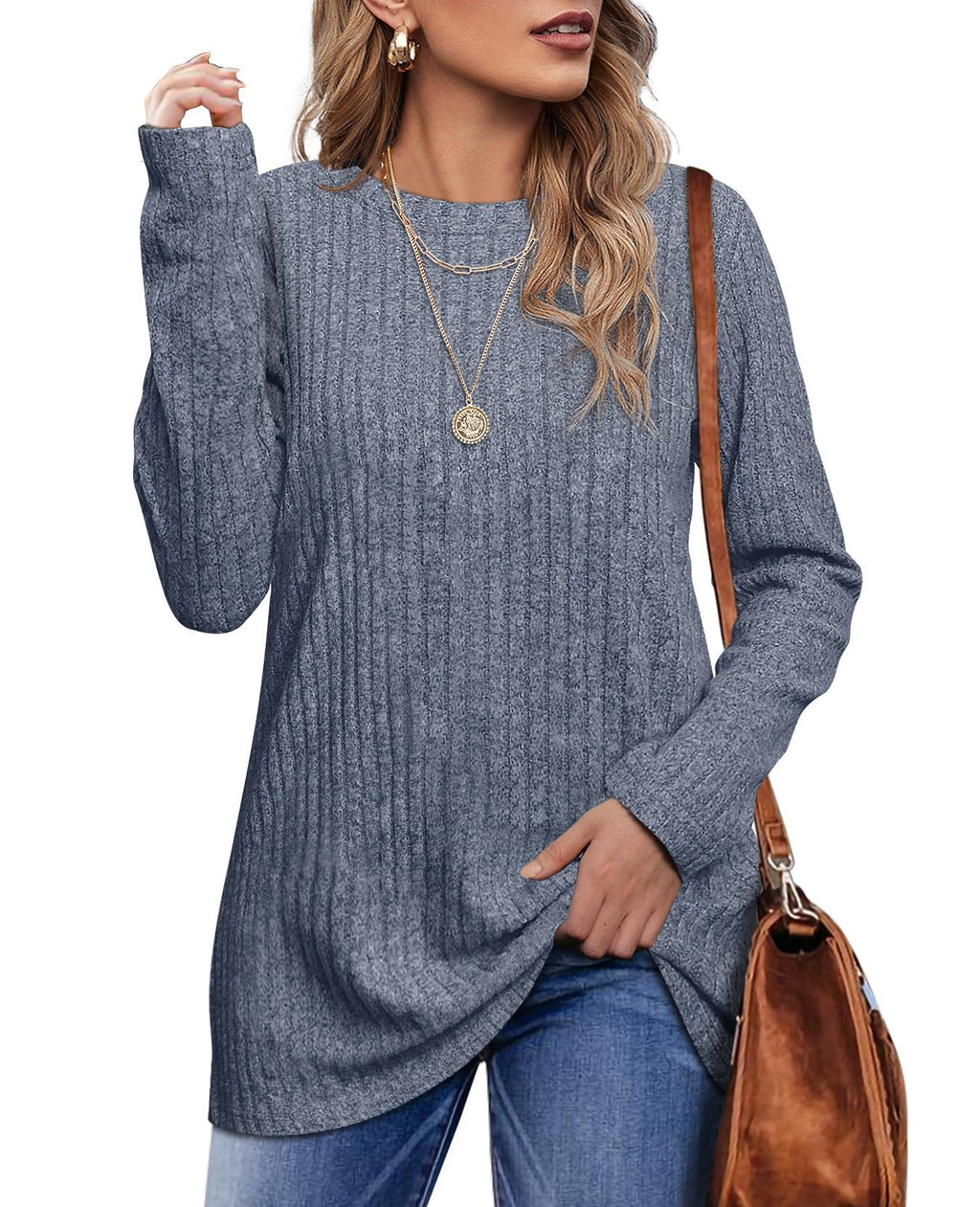 OFEEFAN Long Sleeve Shirts for Women Loose Fit Crew Neck Tunic Tops Blouse Dressy Casual Fall Winter Clothes Outfits