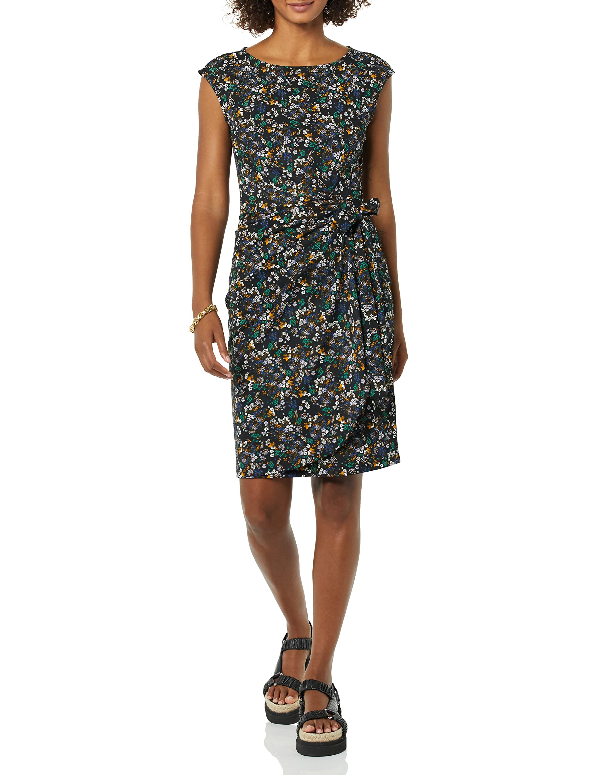 Amazon Essentials Women's Cap Sleeve Boat-Neck Faux Wrap Dress