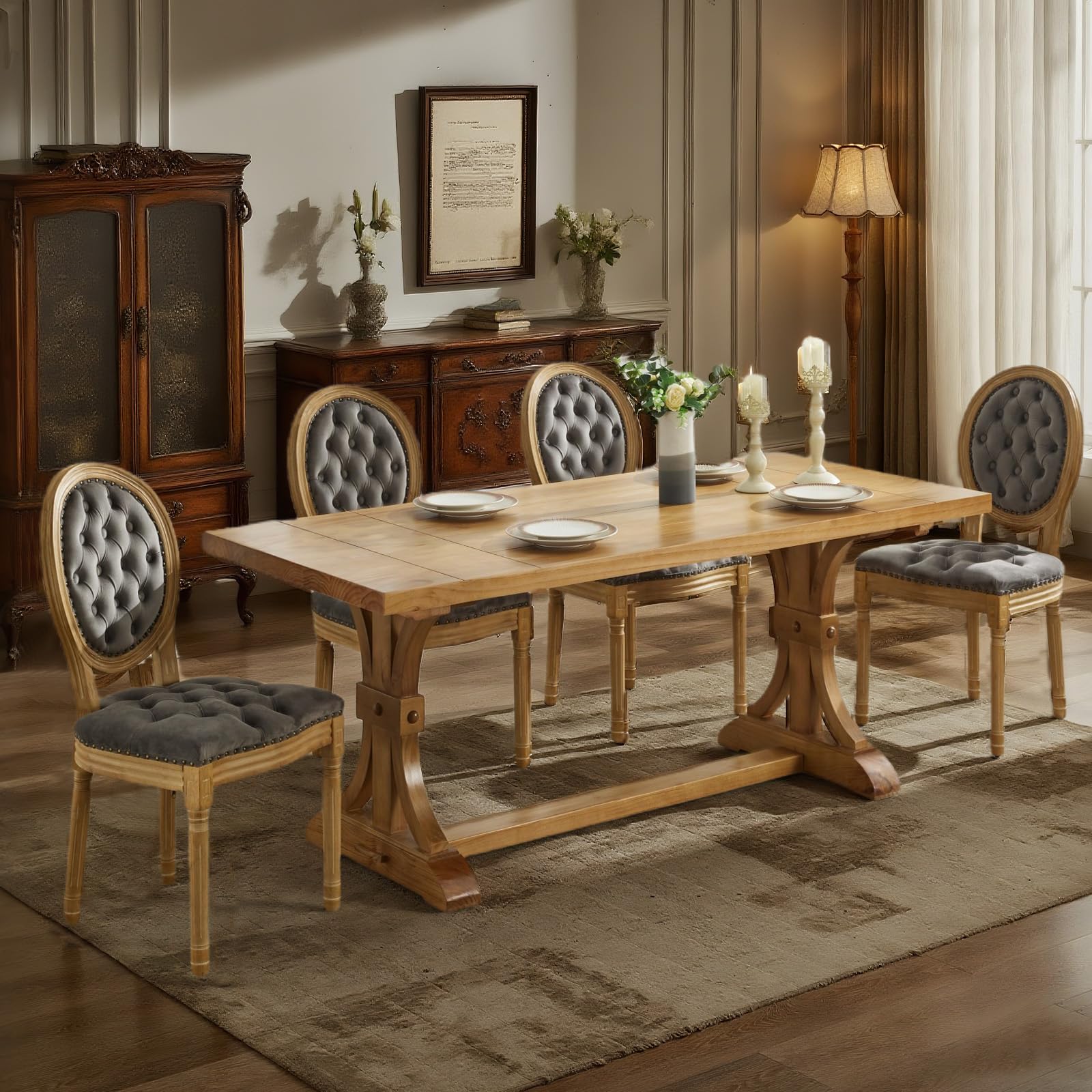 SoarFlash Linen French Dining Chairs Set of 2, Vantage Dining Chair with Round Back, Wood Leg Farmhouse Country Dining Chair for Living Room,Kitchen,Bedroom,Beige