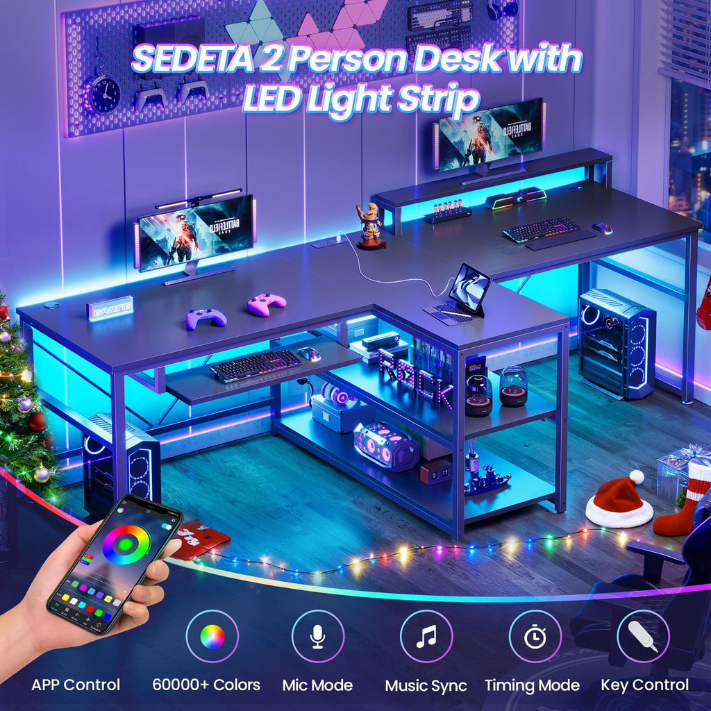 SEDETA 94.5" Office Computer Desk, 2 Person Gaming Desk with Storage, LED Lights, Keyboard Tray, Power Strip with USB & Monitor Stand, Long Two Person Desk for Home Office, Black