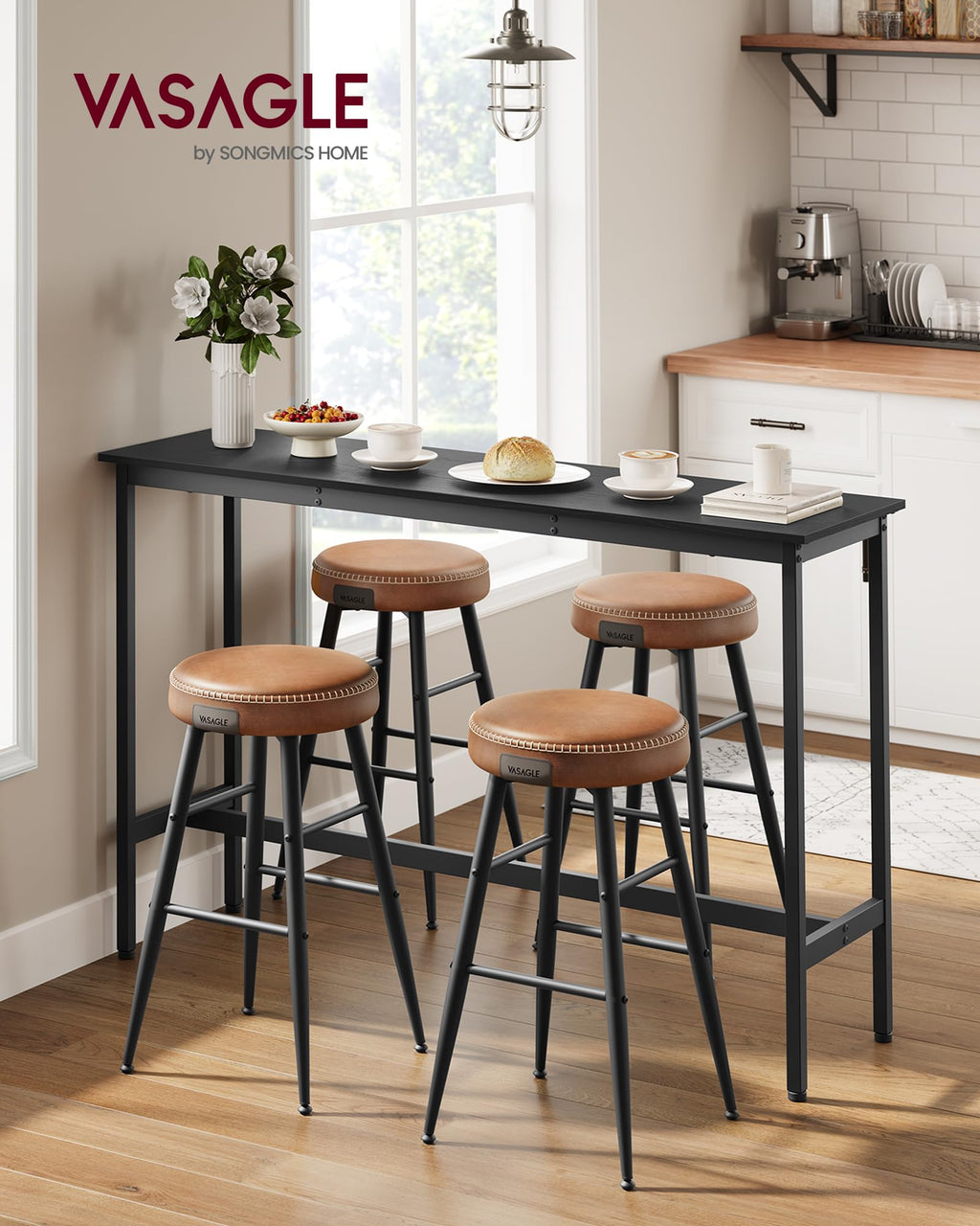VASAGLE Bar Table, Kitchen Dining Table, High Top Pub Table, Bar Height Cocktail Table for Living Room Party, Sturdy Metal, 15.7 x 39.4 x 35.4 Inches for Narrow Spaces, Ebony Black and Ink Black