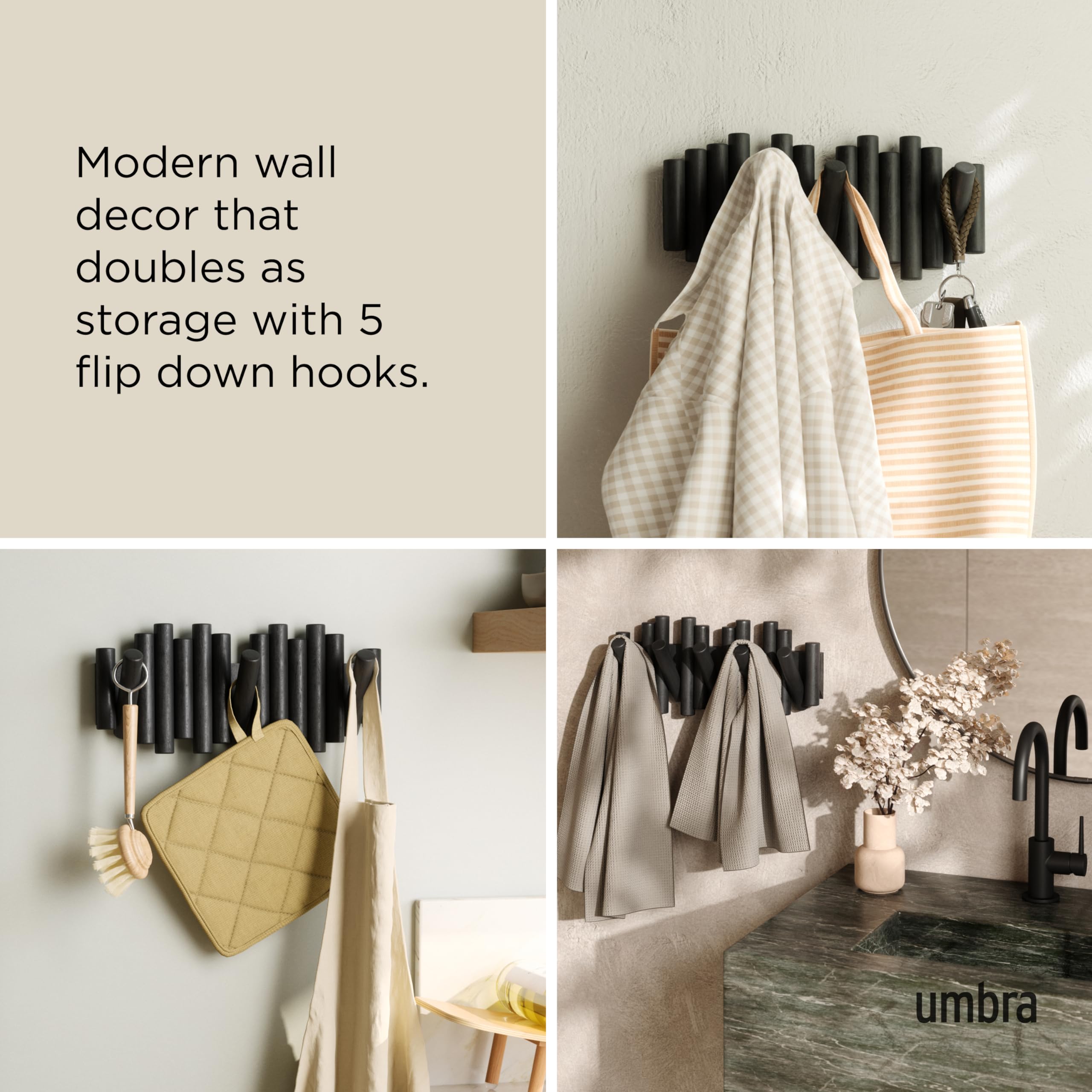 Umbra Picket Wall-Mounted Coat Rack Rail Hook with 5 Retractable Wood Pegs – Modern, Space-Saving Storage Organizer, Black