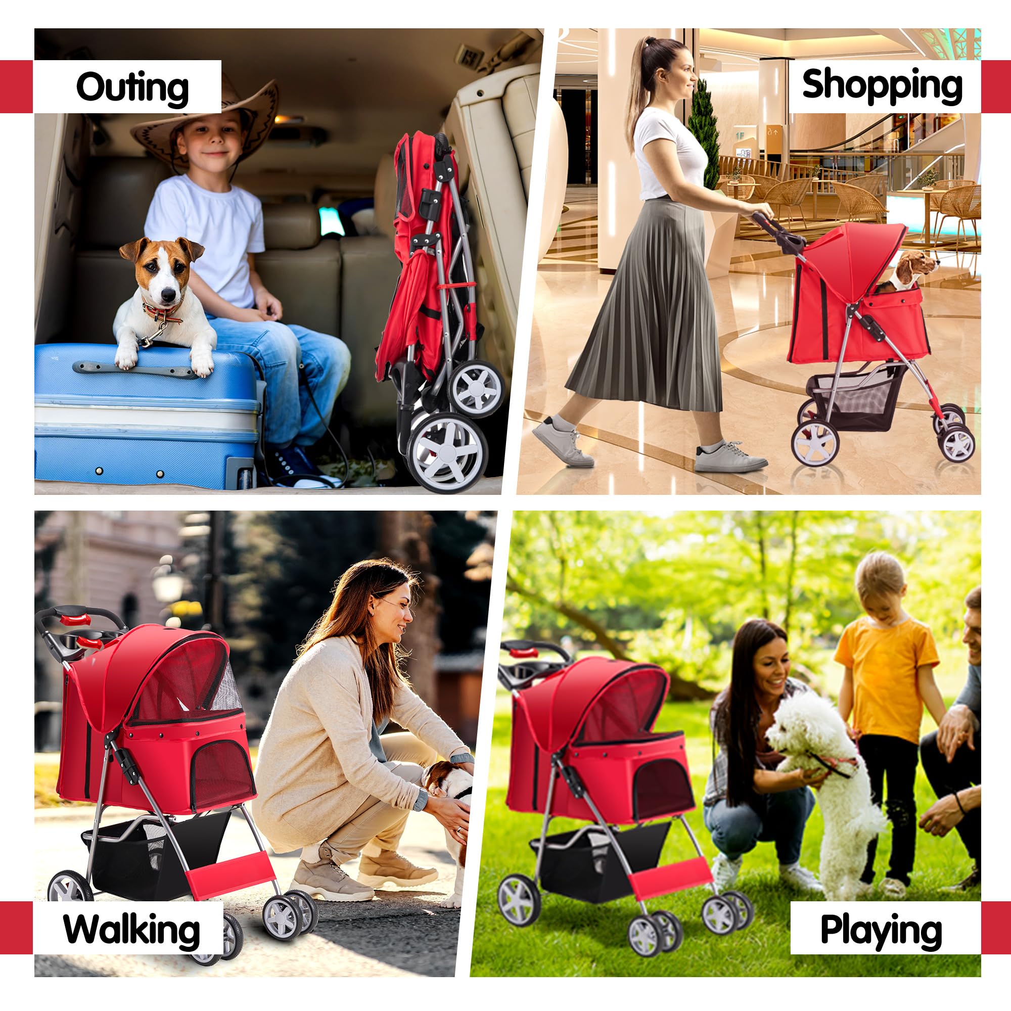 Pet Stroller, 4 Wheels Pet Strolling Cart for Medium/Small Dogs and Cats, Foldable Cat Jogger/Dog Stroller with Cup Holder, Storage Basket, Breathable Mesh, All-Season Pet Carrier, Black