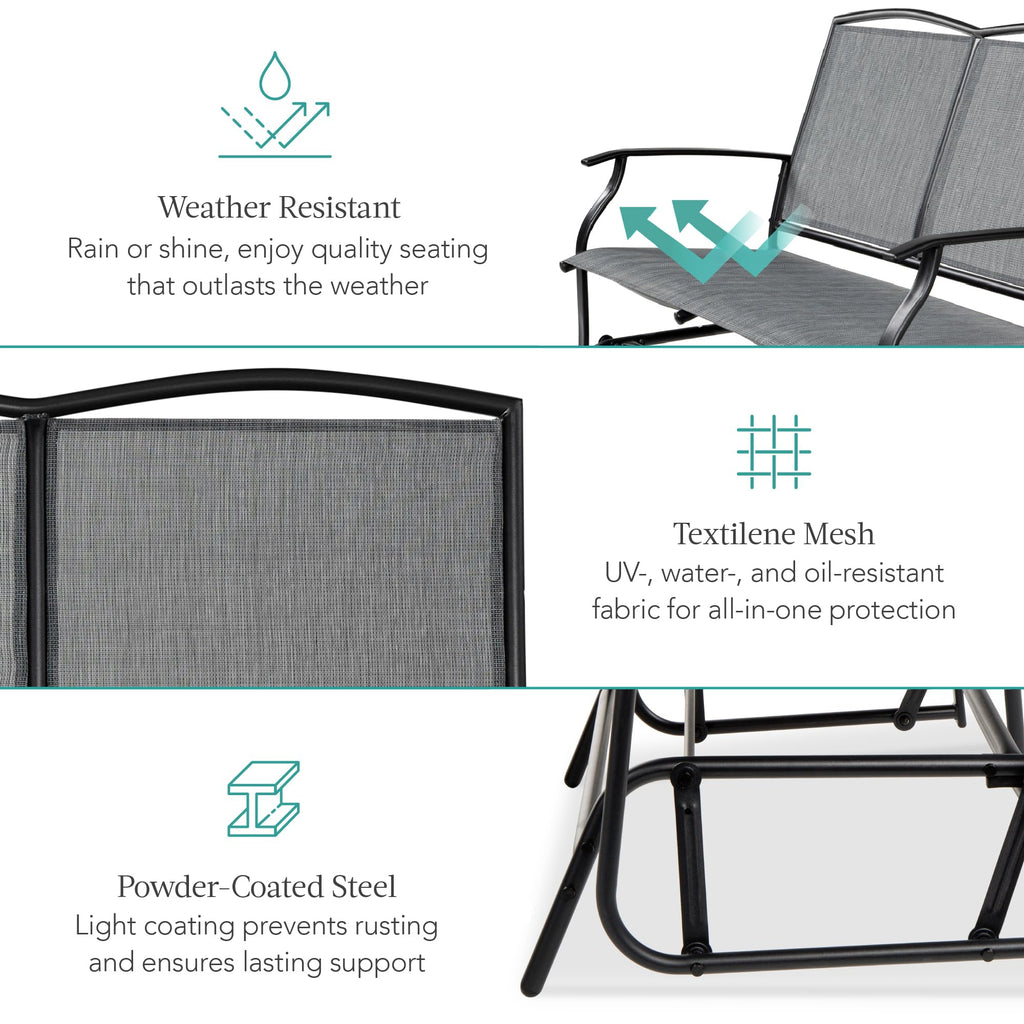 Best Choice Products 2-Person Outdoor Patio Swing Glider Steel Bench Loveseat Rocker for Deck, Porch w/Textilene Fabric, Steel Frame - Black