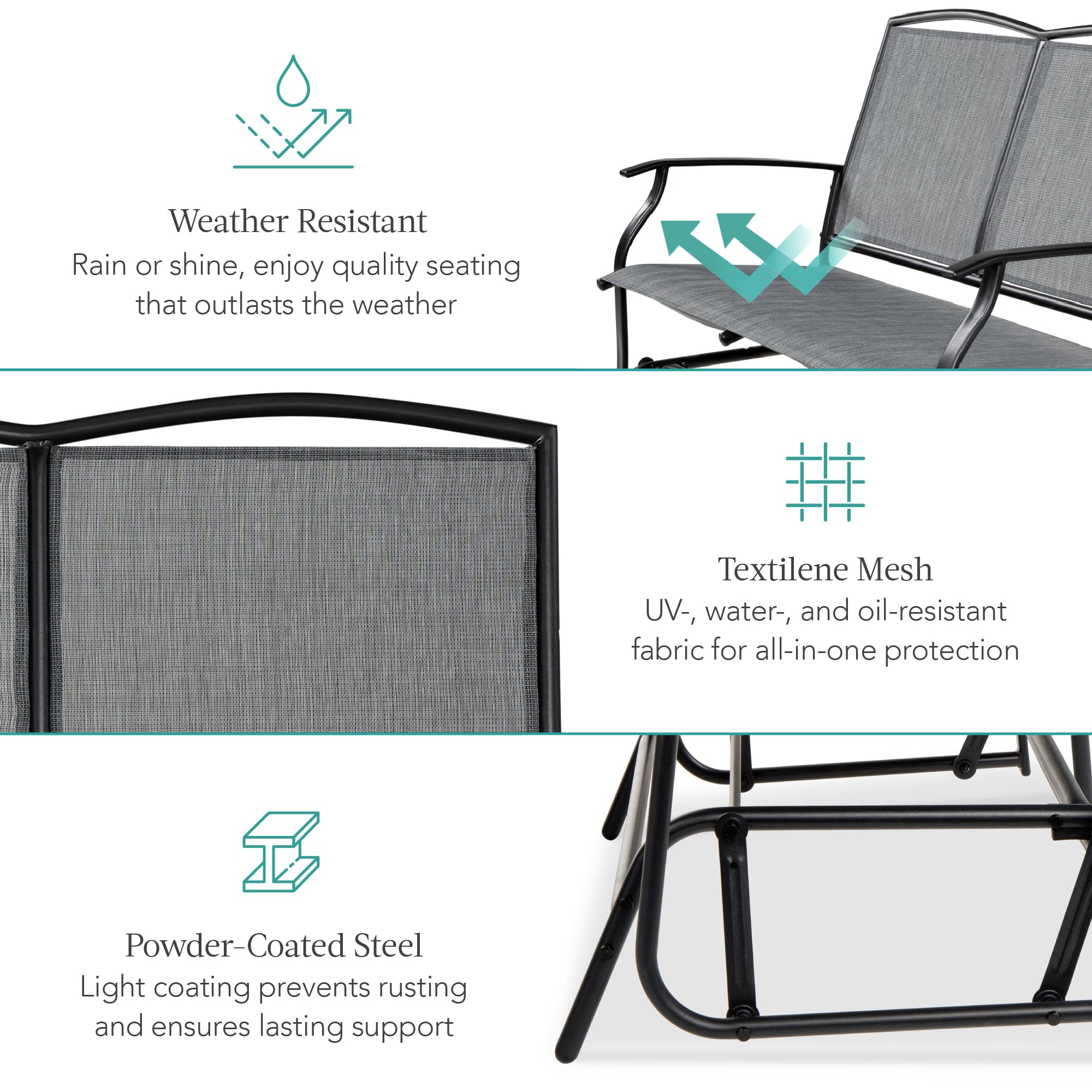 Best Choice Products 2-Person Outdoor Patio Swing Glider Steel Bench Loveseat Rocker for Deck, Porch w/Textilene Fabric, Steel Frame - Black