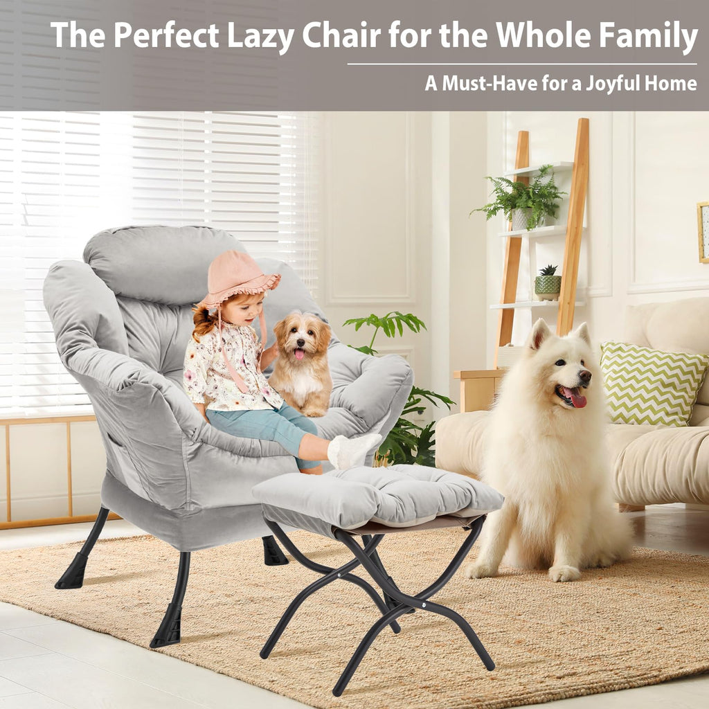 Youtanic Lazy Chair with Folding Ottoman, Accent Chair Velvet Upholstered with Metal Structure and Non-Slip Pads, Sofa Armchair with Footrest and Side Storage Bag for Dorm, Room, Office, Beige