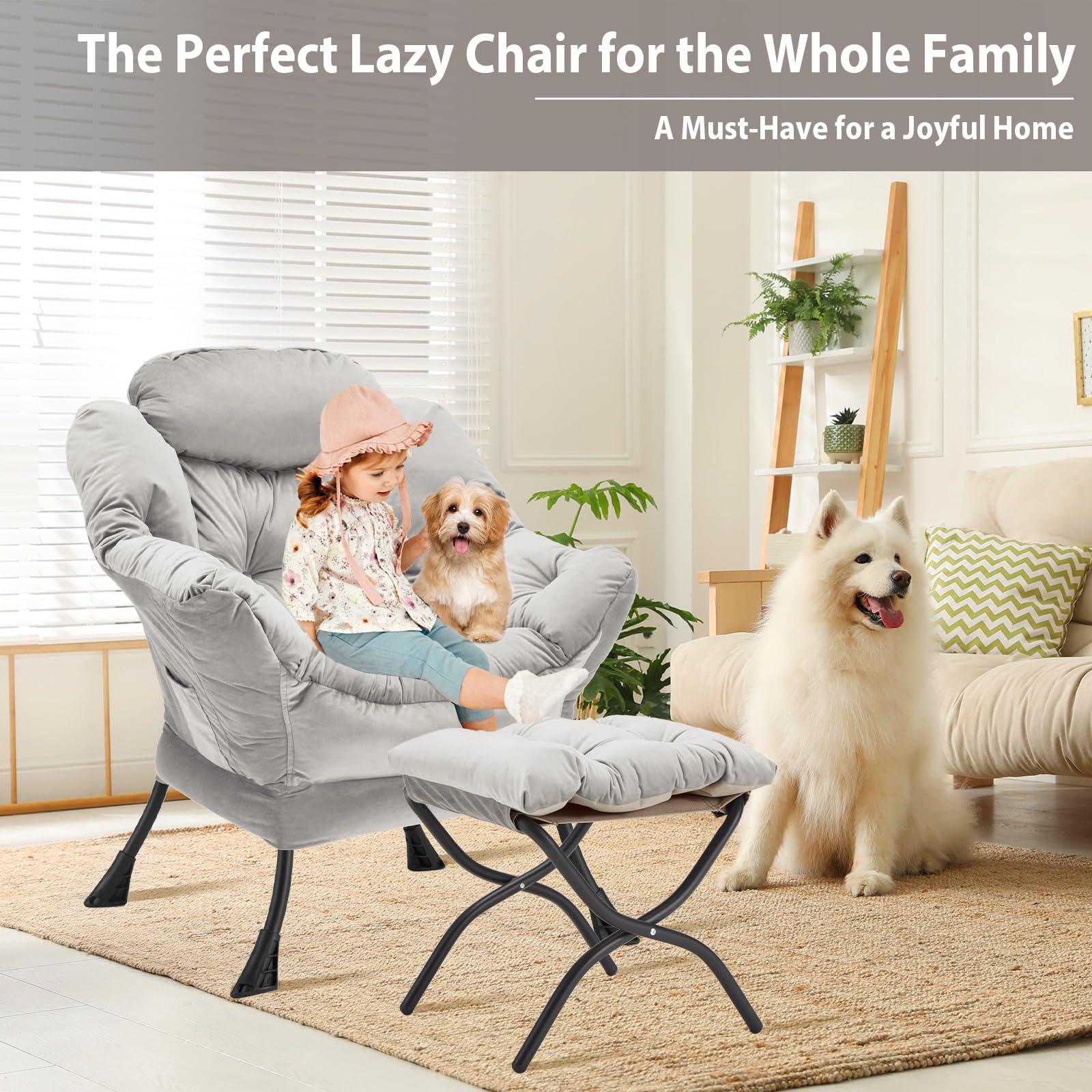 Youtanic Lazy Chair with Folding Ottoman, Accent Chair Velvet Upholstered with Metal Structure and Non-Slip Pads, Sofa Armchair with Footrest and Side Storage Bag for Dorm, Room, Office, Beige
