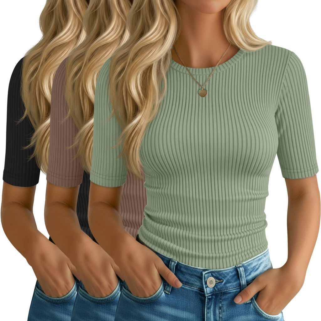 Riyiper 3 Pack Women's Elbow Length Tops, Half Sleeve Ribbed Cotton T Shirt Crew Neck Summer Tee Slim Fit Casual Blouses