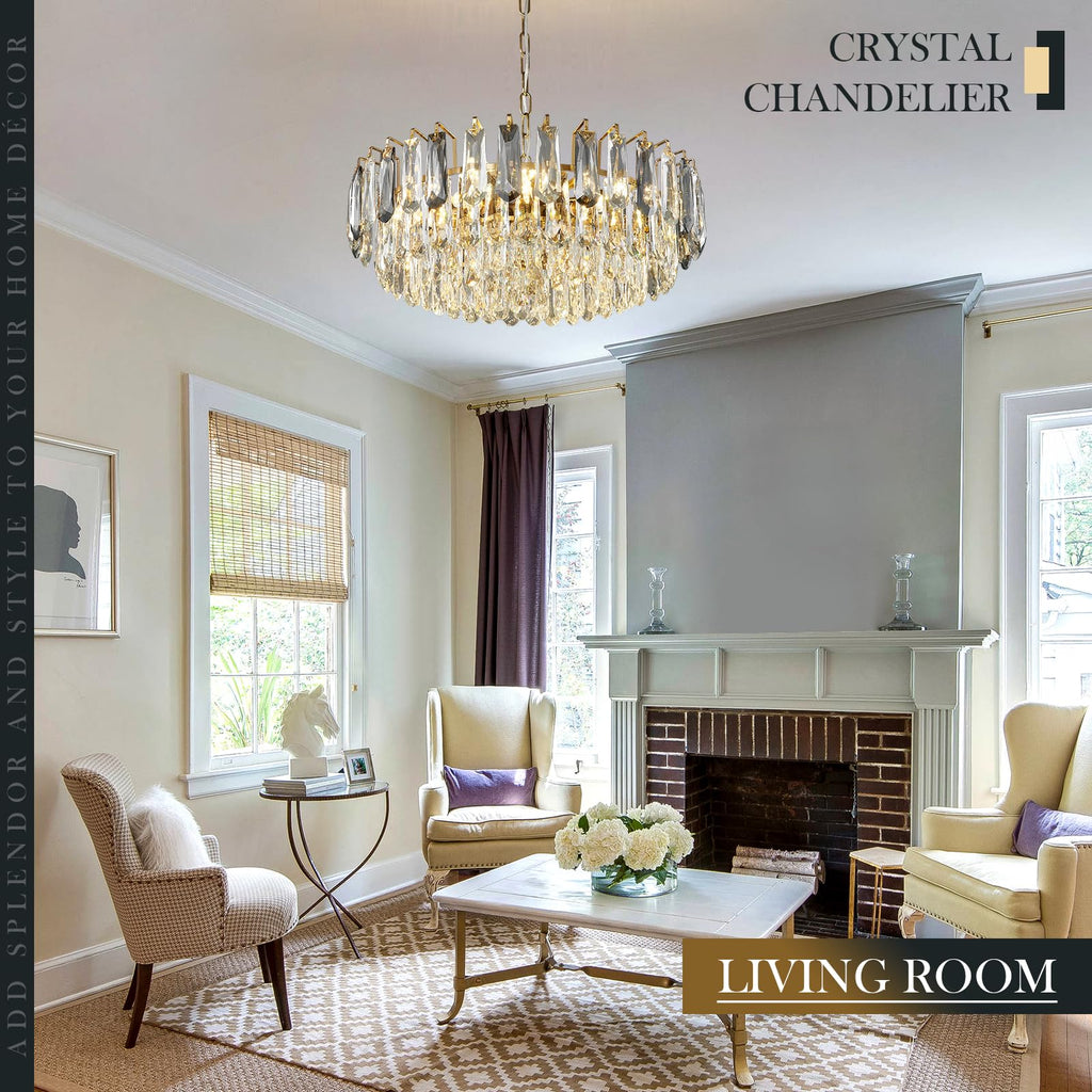 23.6" Modern Crystal Chandelier with Grey Crystal Gold 3-Tier Luxury Pendant Light 12-Light Ceiling Pendant Lighting for Dinning Room Living Room Foyer