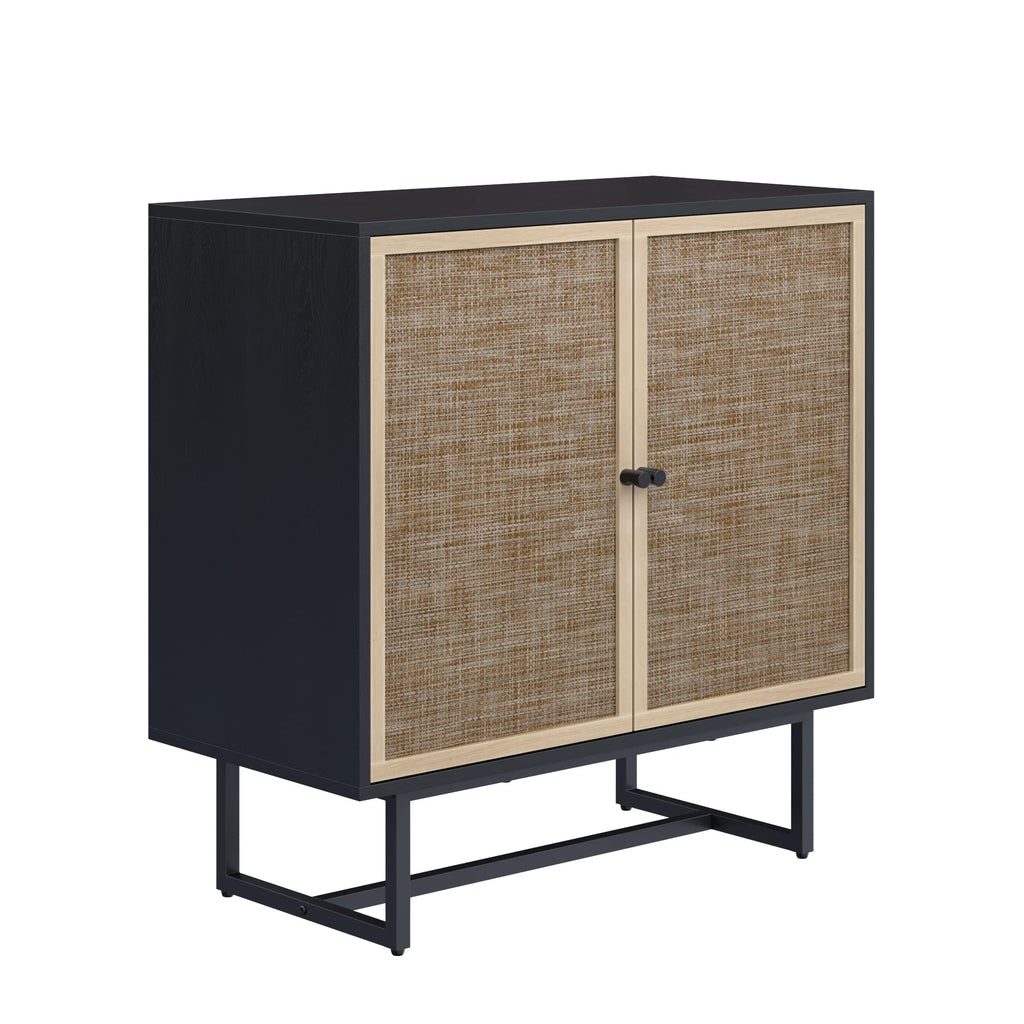 Nathan James Kova Rattan Wood Accent Sideboard Storage Cabinet with Matte Metal Frame, Adjustable Interior Shelves and Cane Doors, for Hallway, Entryway or Living Room, Black Oak/Cane