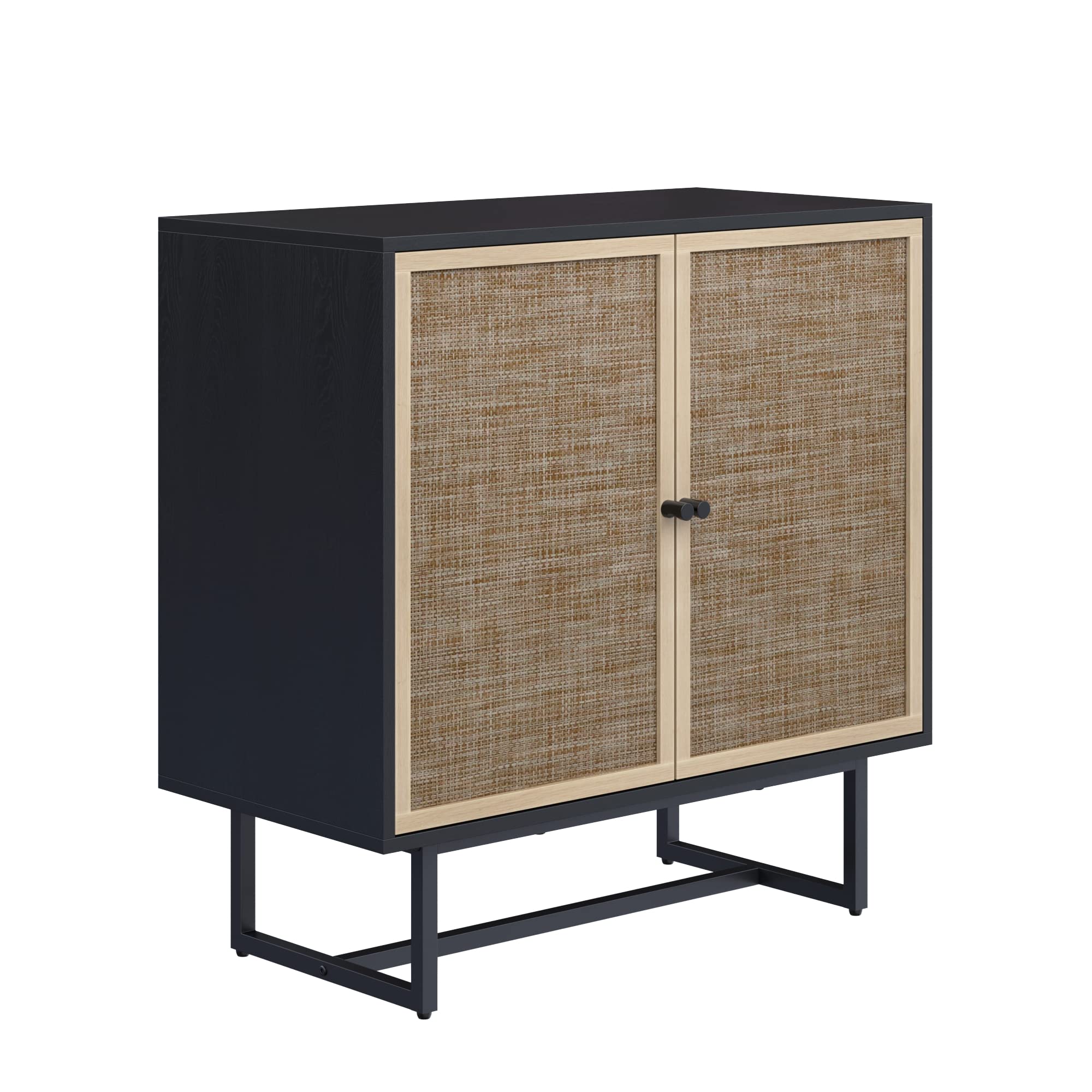 Nathan James Kova Rattan Wood Accent Sideboard Storage Cabinet with Matte Metal Frame, Adjustable Interior Shelves and Cane Doors, for Hallway, Entryway or Living Room, Black Oak/Cane