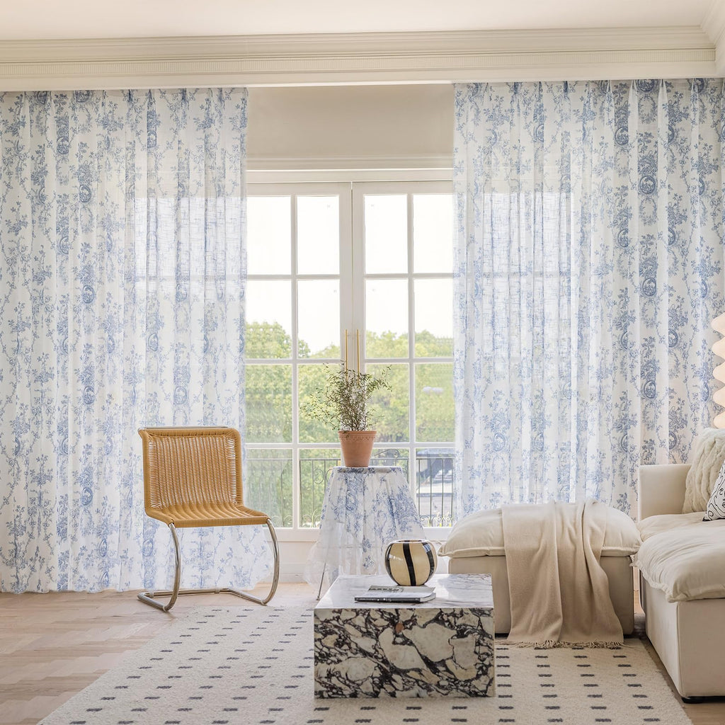 SUOUO Blue Leaf Semi Sheer White Curtains for Bedroom Dining Living Room Linen Textured 84 inches Long Rod Pocket Boho Window Drapes 2 Panels