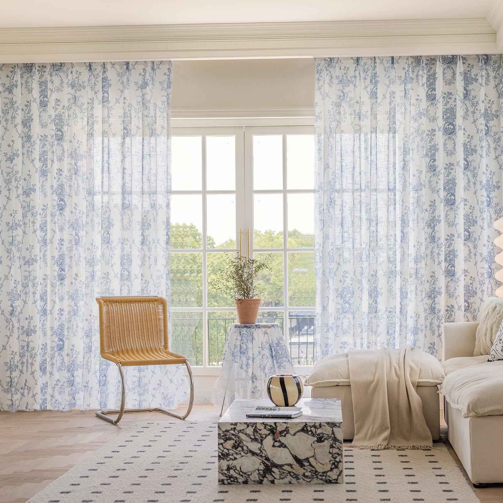 SUOUO Blue Leaf Semi Sheer White Curtains for Bedroom Dining Living Room Linen Textured 84 inches Long Rod Pocket Boho Window Drapes 2 Panels