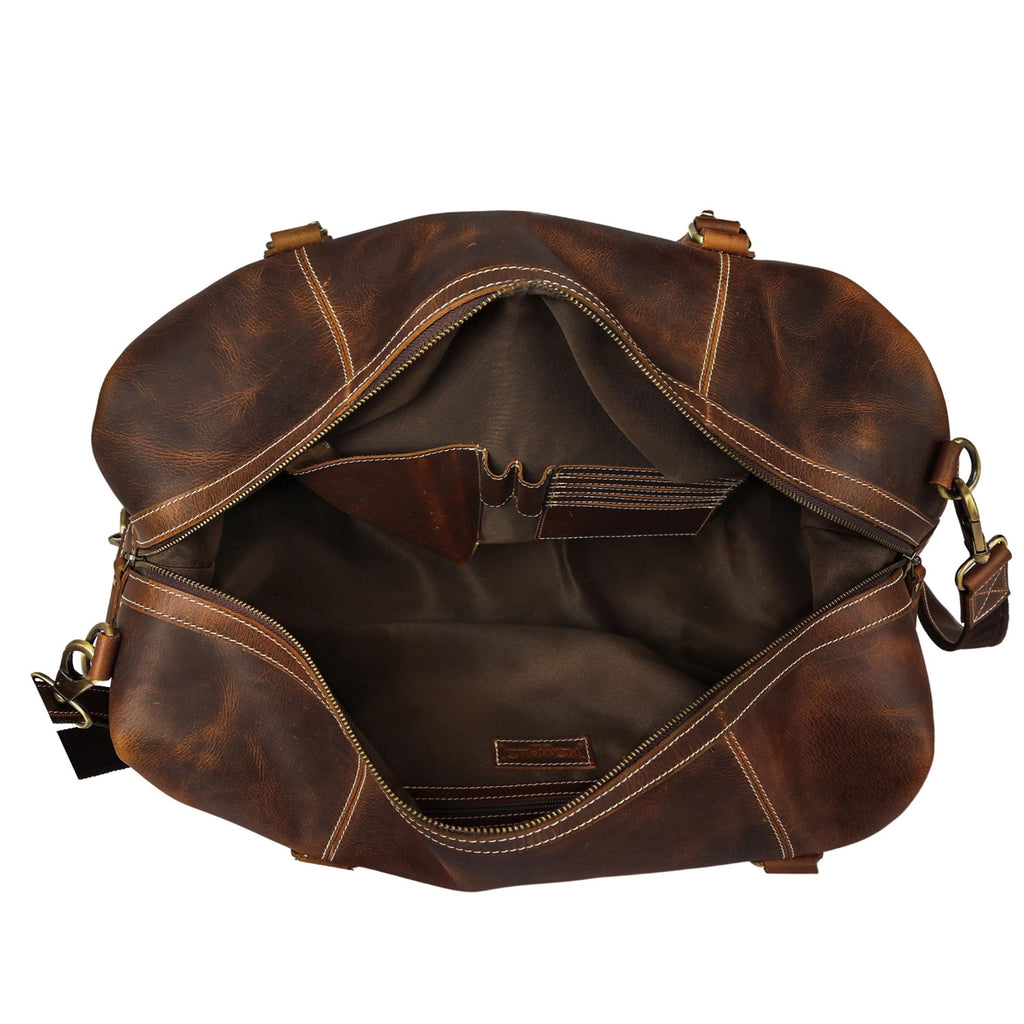 KomalC Leather Duffle Bags for Men and Women Travel Overnight Weekend sports bag holdall Gym Duffel for Men (Dark Tan, 20 Inch)