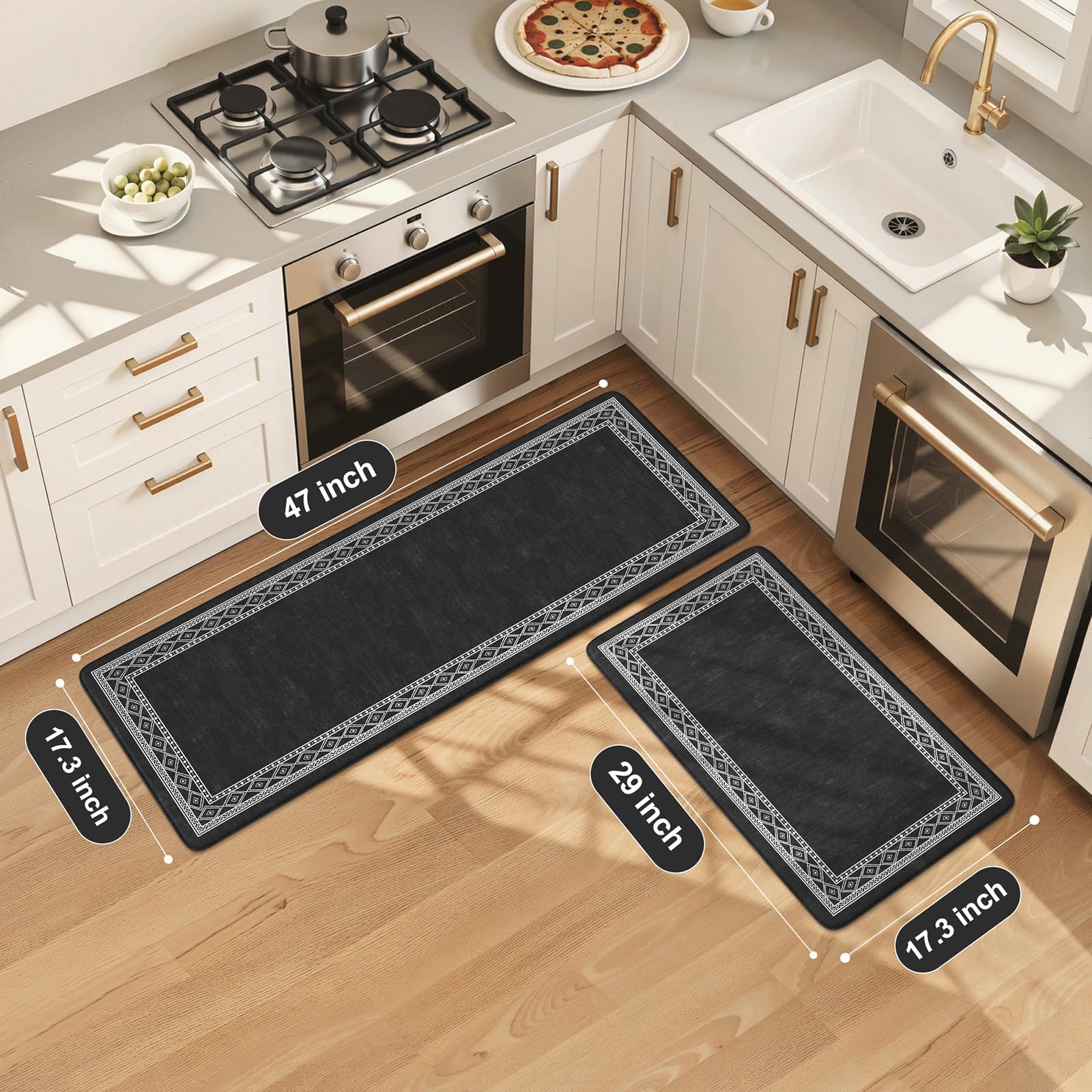 KIMODE Anti Fatigue Kitchen Mats 17"x47"+17"x29", Farmhouse Kitchen Rugs Sets of 2, Cushioned Non Skid Kitchen Mats for Floor, Comfort Kitchen Floor Mats for Sink Laundry Desk Black
